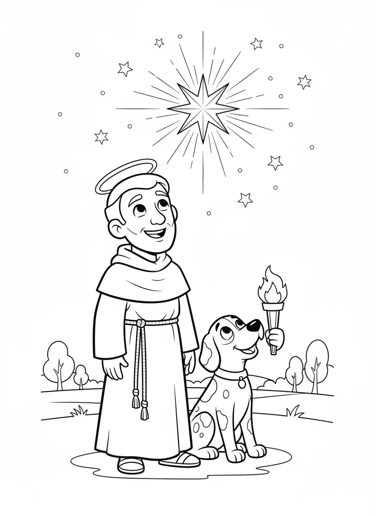 São Domingos com cachorro, página para colorir de São Domingos para crianças de 5 a 10 anos