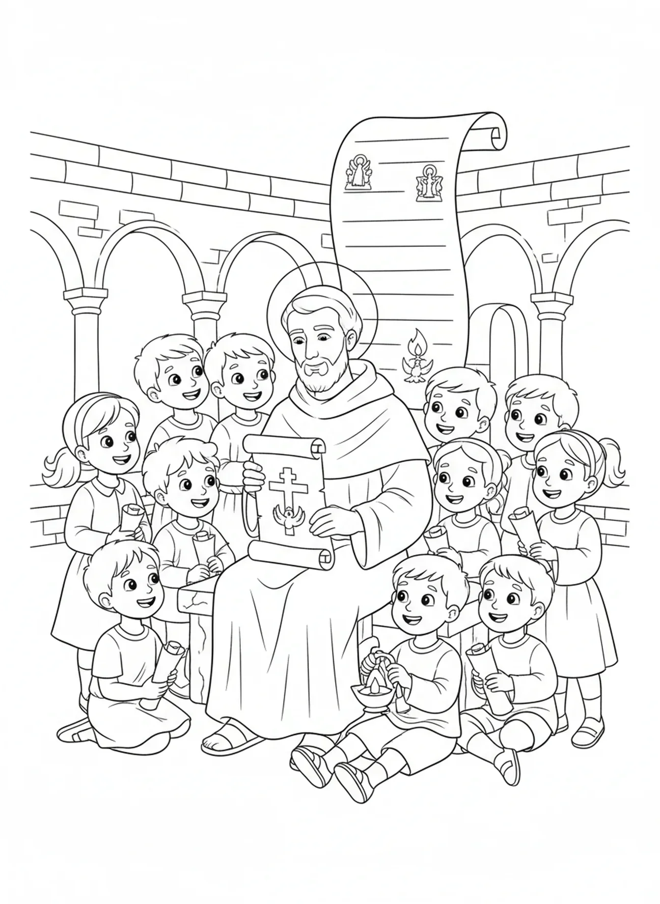 Saint Dominique et les enfants, page à colorier Saint Dominique pour les enfants de l'École du dimanche âgés de 5 à 12 ans
