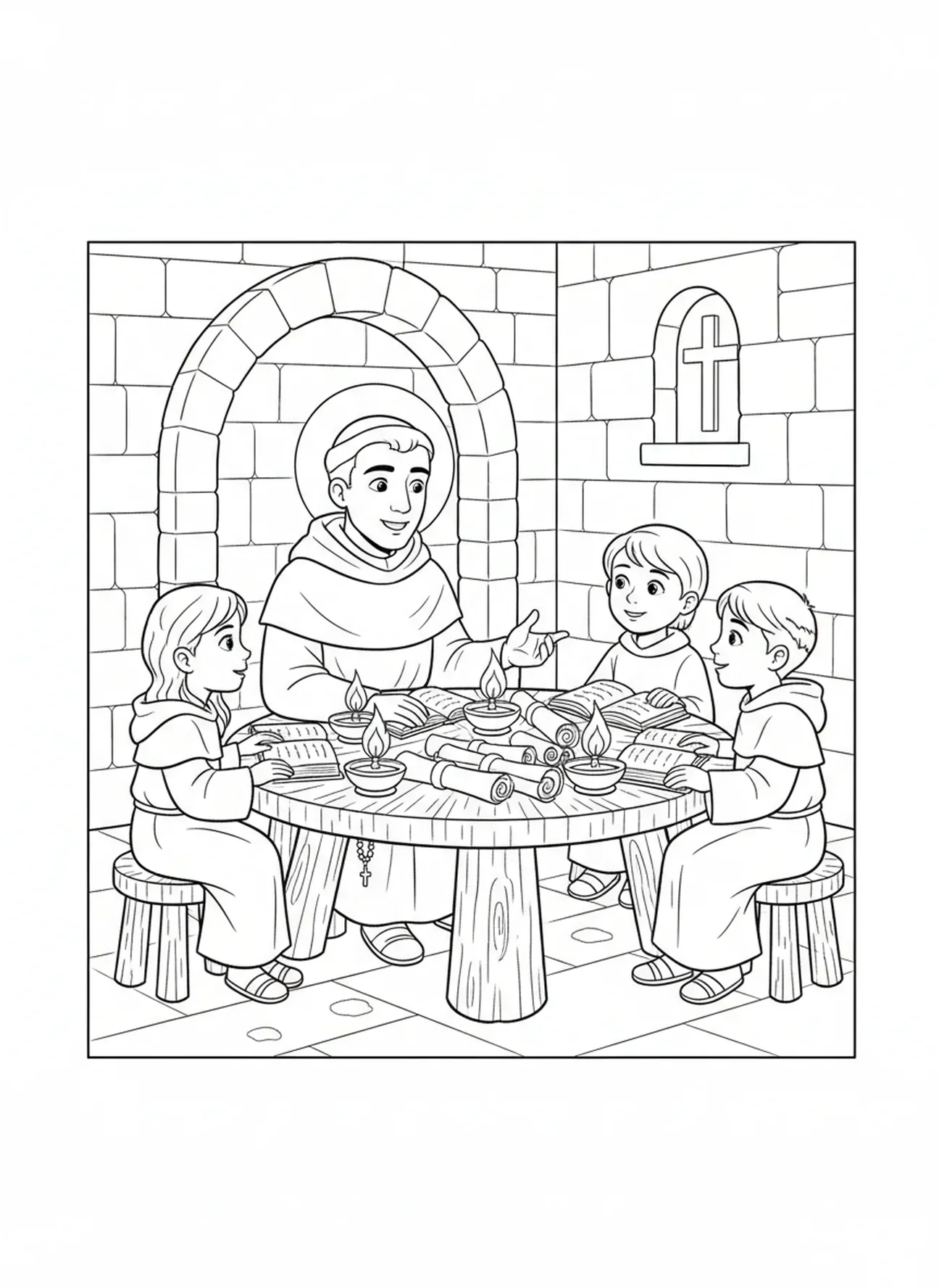 Saint Dominique avec ses disciples, page à colorier Saint Dominique pour les enfants de l'École du dimanche âgés de 5 à 12 ans