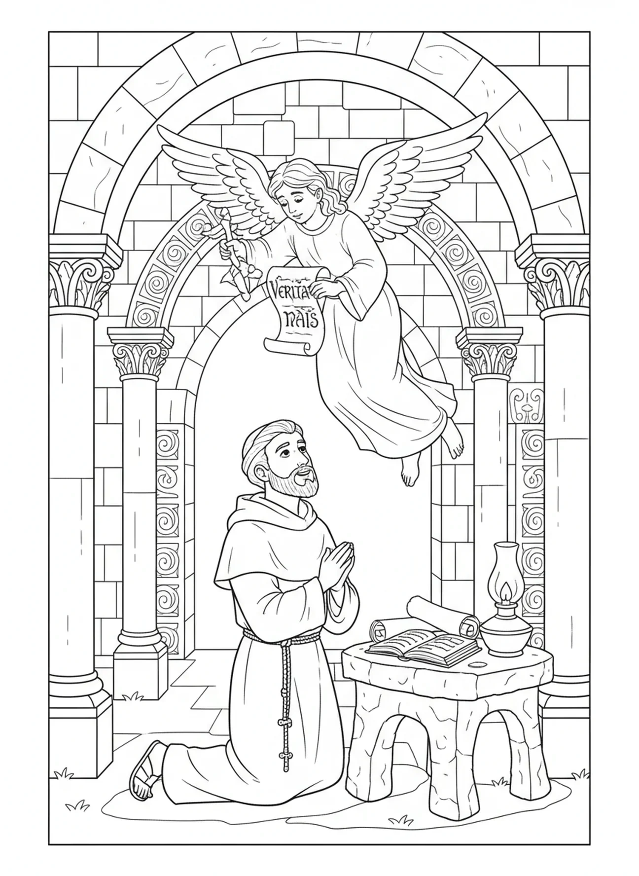 Saint Dominique avec un ange, page à colorier Saint Dominique pour les enfants de l'École du dimanche âgés de 5 à 12 ans