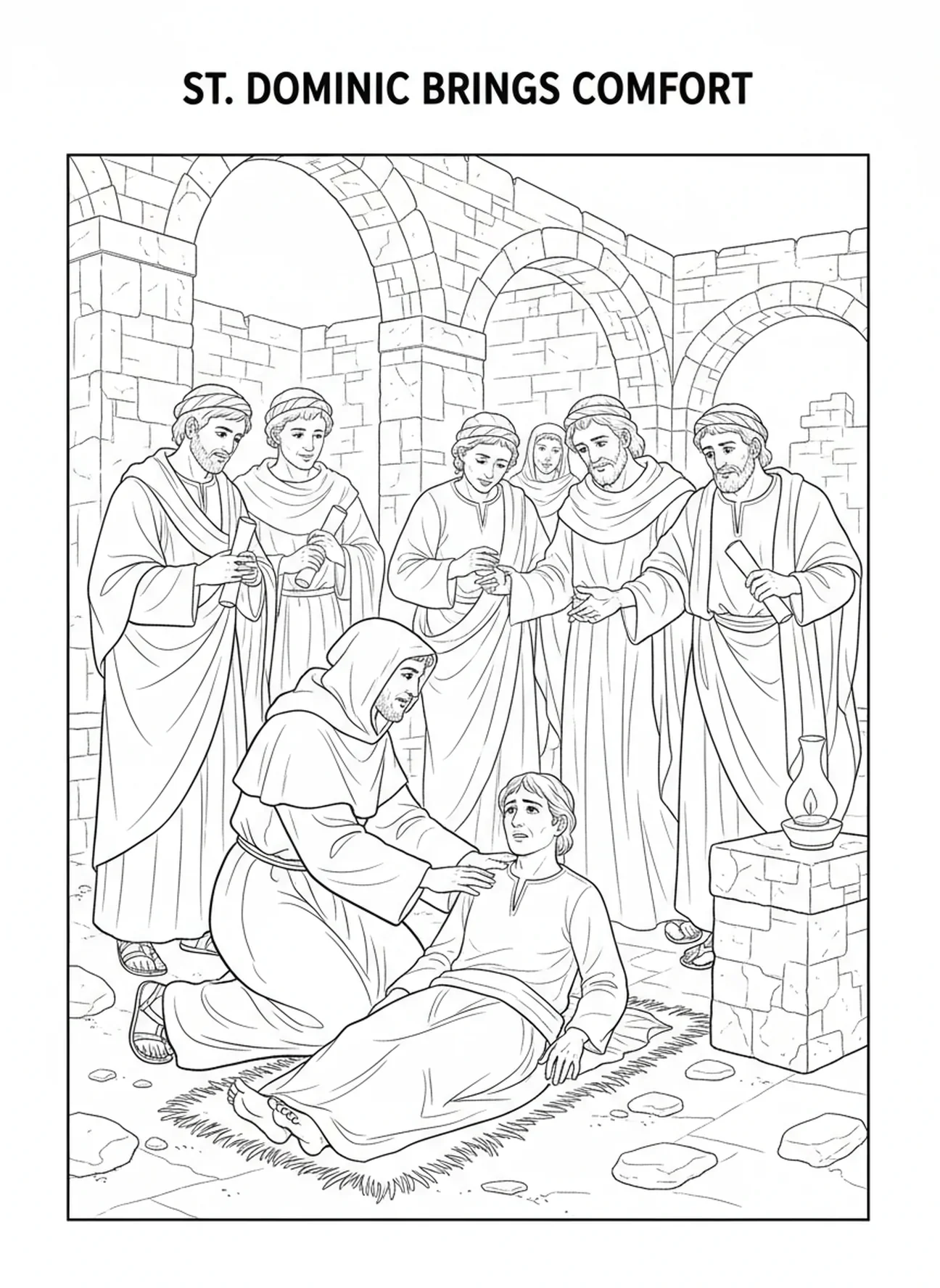 Saint Dominique guérissant, page à colorier Saint Dominique pour les enfants de l'École du dimanche âgés de 5 à 12 ans