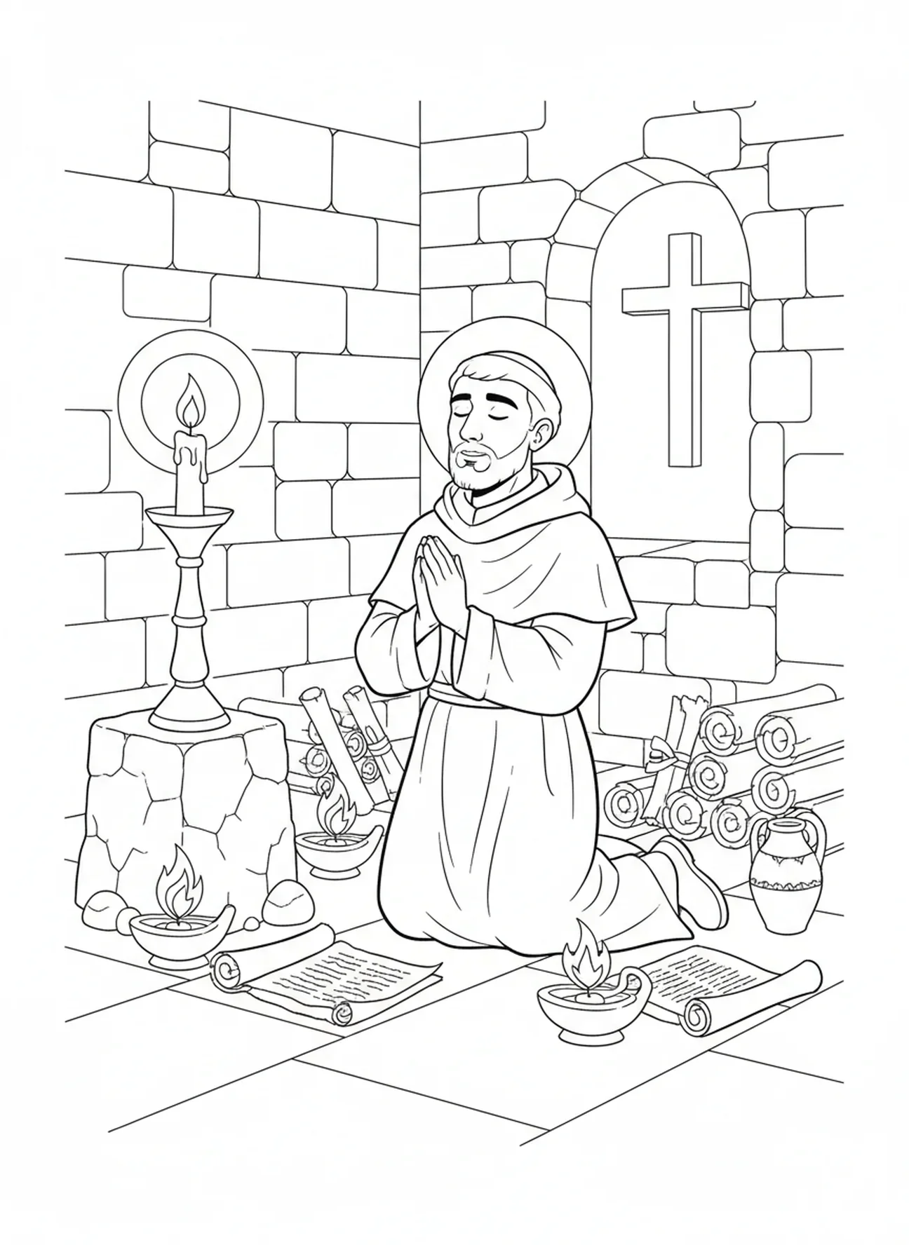 Saint Dominique en prière, page à colorier Saint Dominique pour les enfants de l'École du dimanche âgés de 5 à 12 ans