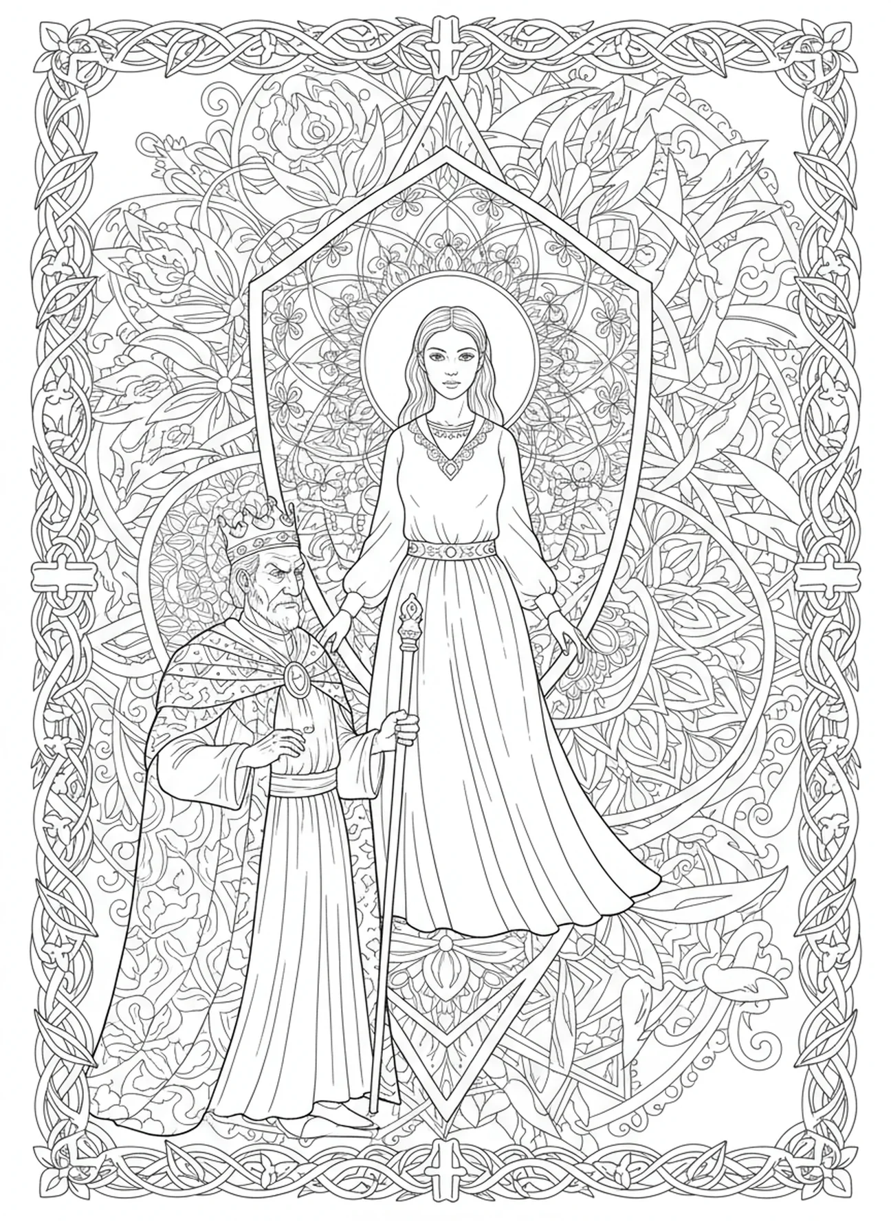 St. Dymphna steht dem König gegenüber, Ausmalbild für Erwachsene im Stil des Bibel-Journalings