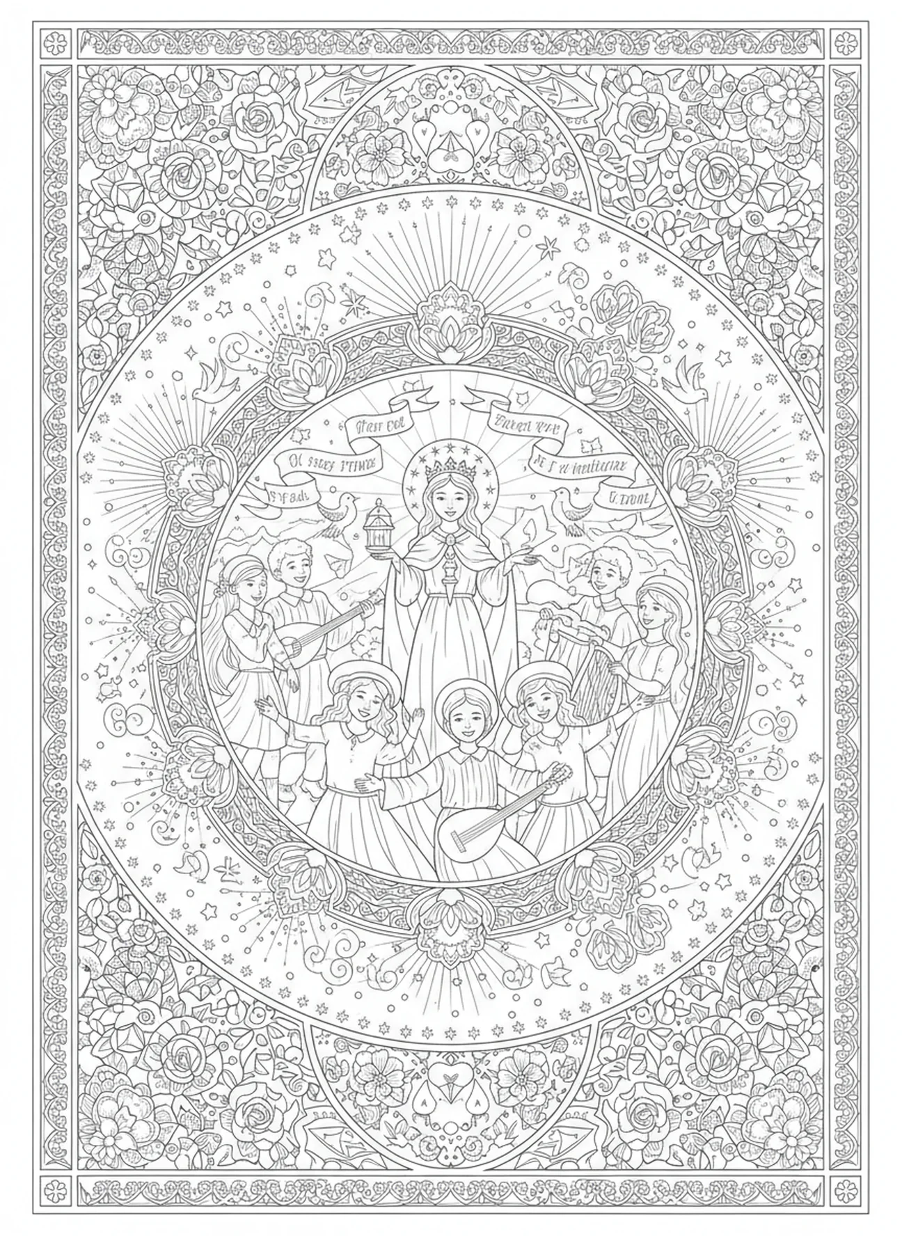 Feier von St. Dymphna umgeben von festlichen Mustern, Ausmalbild von St. Dymphna für Erwachsene im Bibel-Journaling-Stil