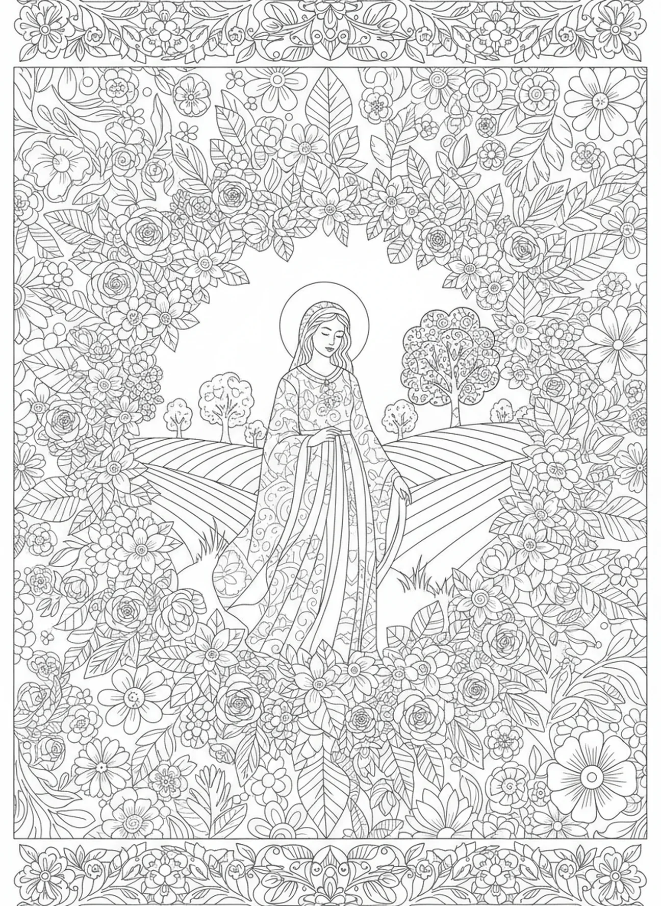 St. Dymphna, die durch die Landschaft geht, Ausmalbild für Erwachsene im Stil des Bibeljournaling
