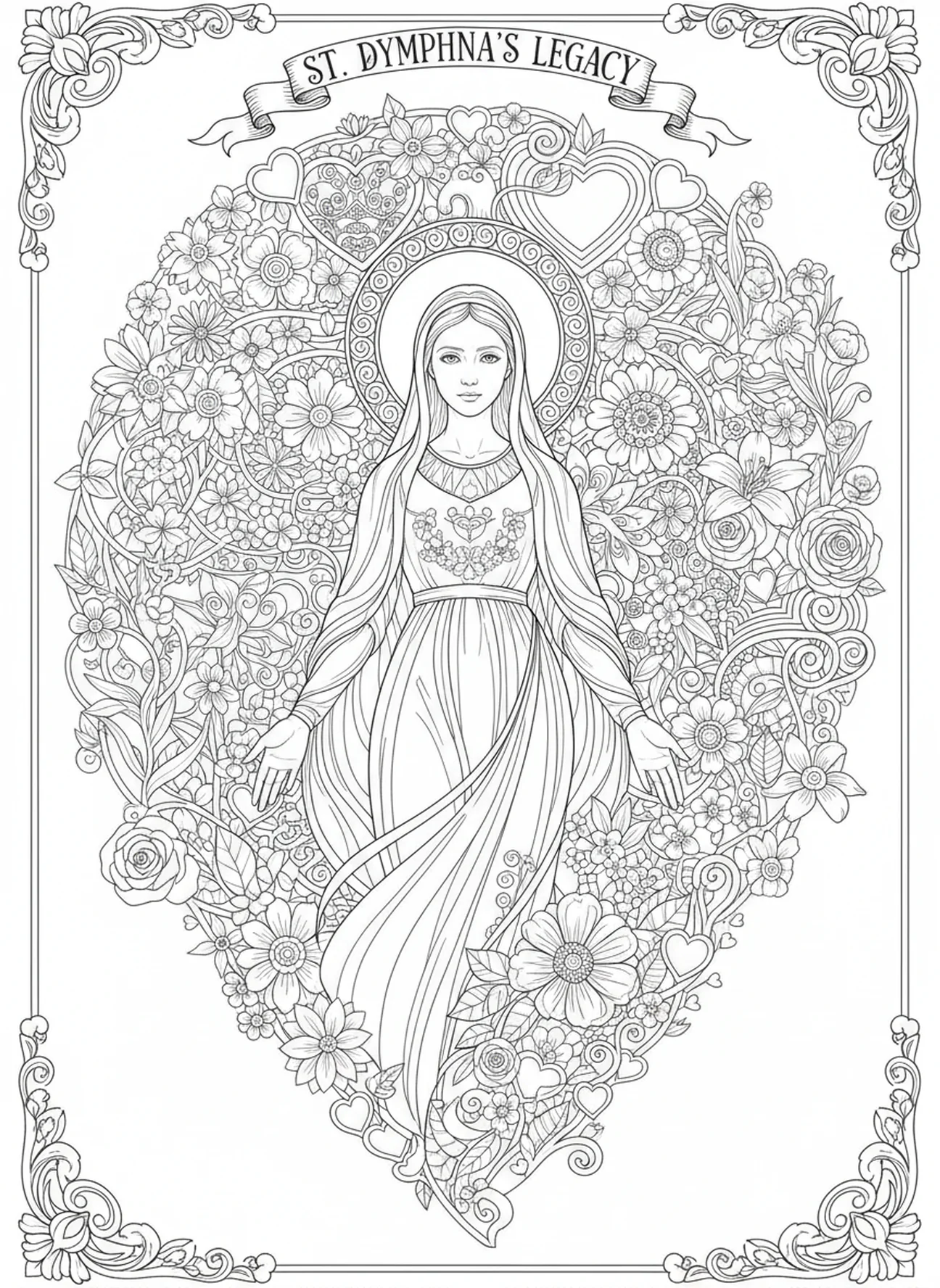 Das Erbe der Hl. Dymphna mit floralen Motiven, Ausmalbild der Hl. Dymphna für Erwachsene im Stil des Bibel-Journalings