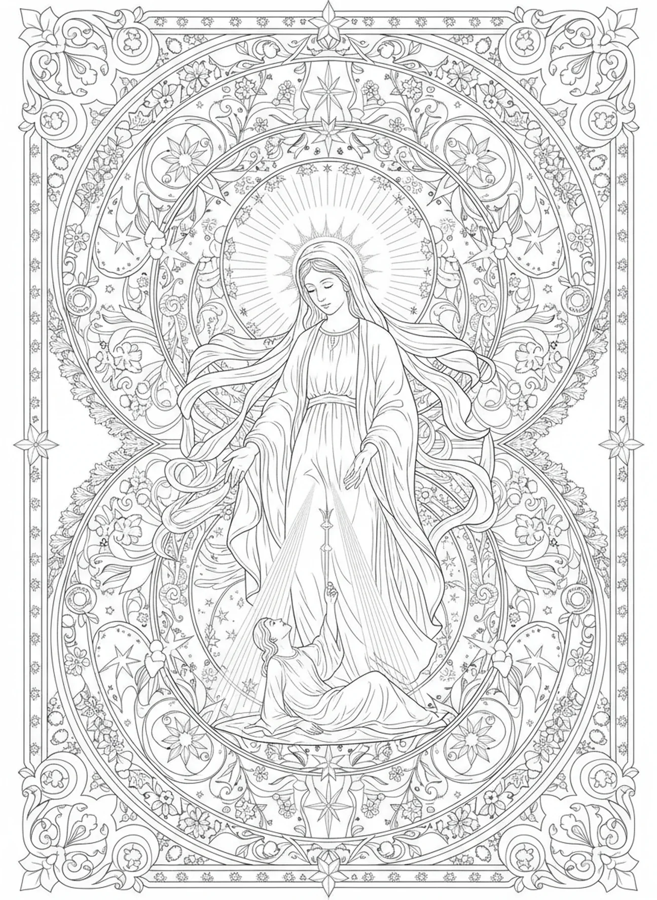 St. Dymphna vollbringt ein Wunder, Ausmalbild von St. Dymphna für Erwachsene im Stil des Bibel-Journaling