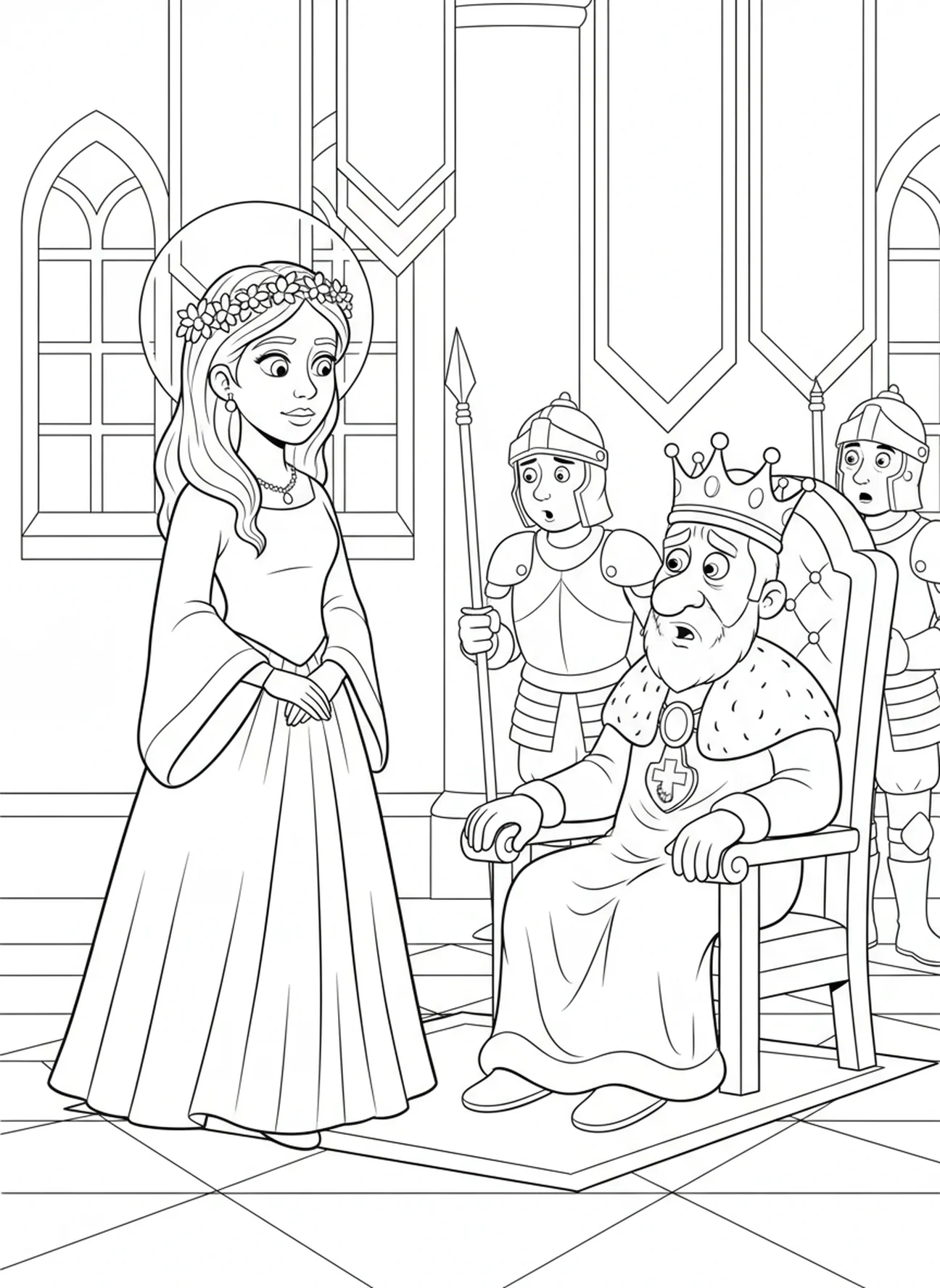 Sainte Dymphne devant le roi, page à colorier Sainte Dymphne pour les enfants de 5 à 10 ans