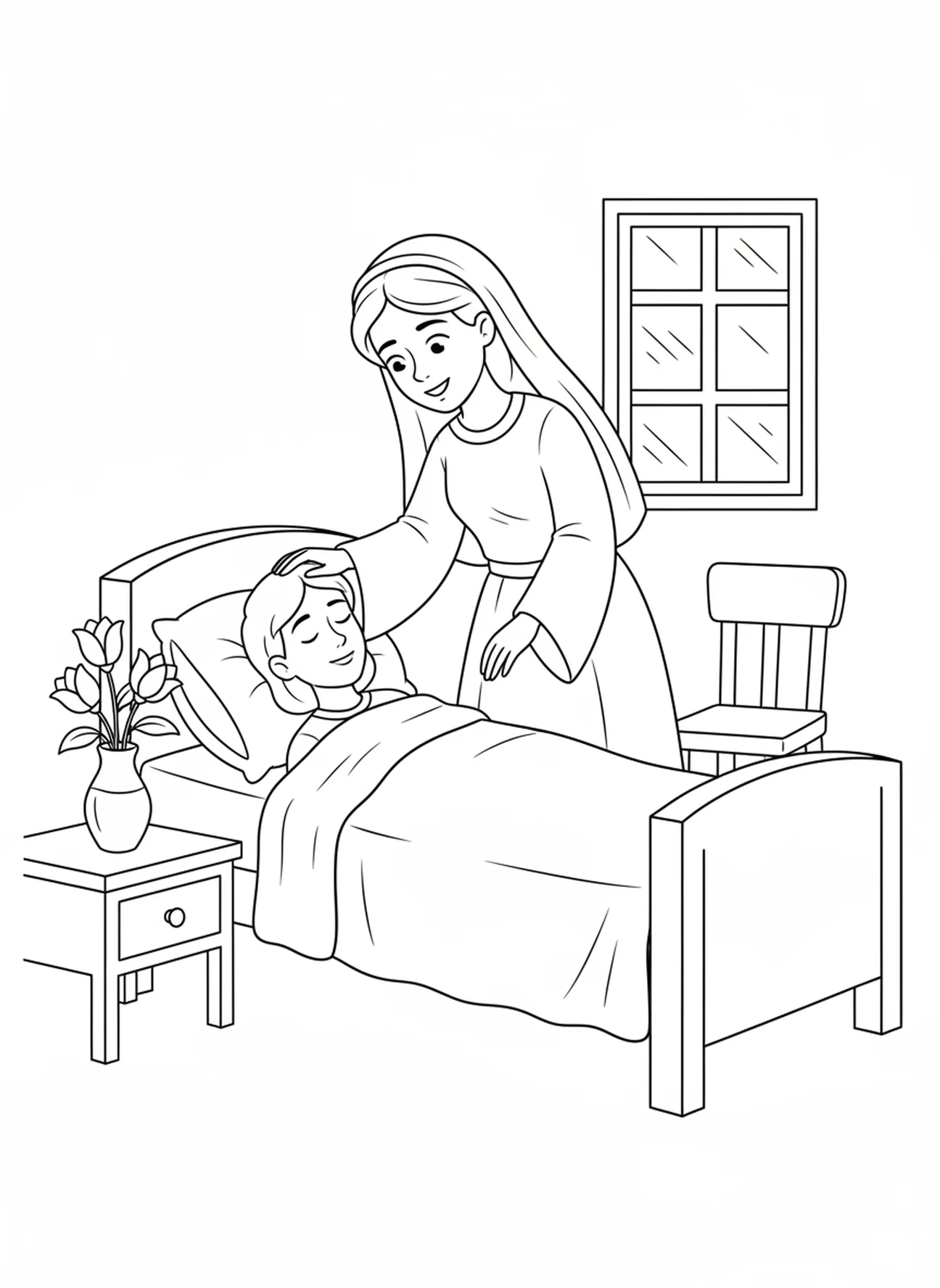 Sainte Dymphne s'occupant des malades, page à colorier Sainte Dymphne pour les enfants de 5 à 10 ans