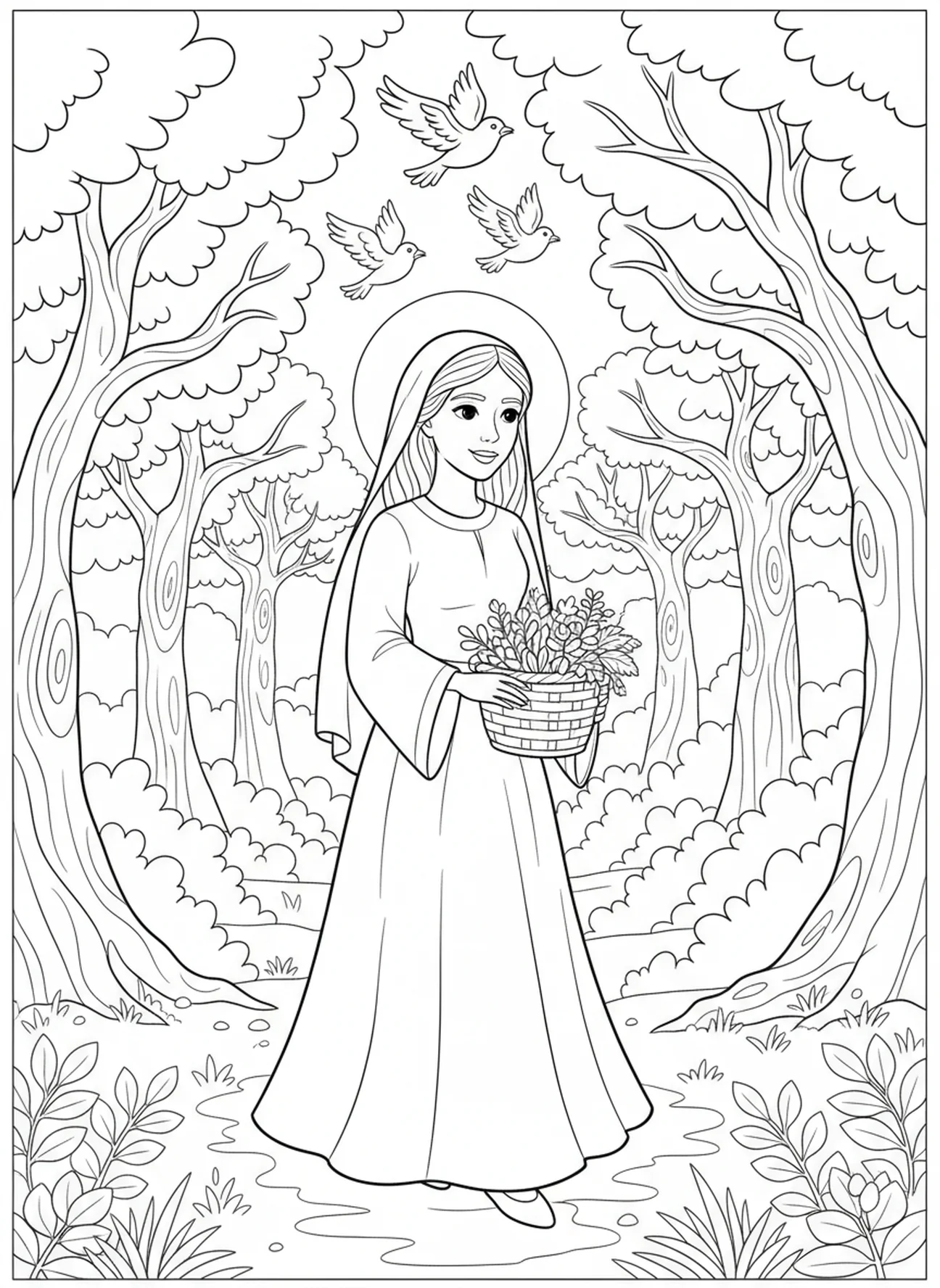 Sainte Dymphne dans la forêt, page à colorier Sainte Dymphne pour les enfants de 5 à 10 ans