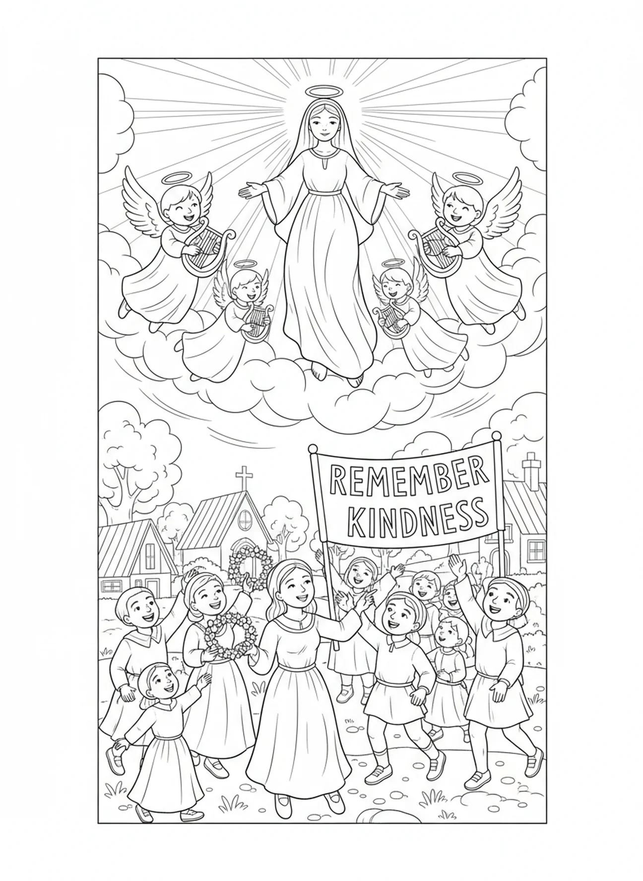 L'esprit de Sainte Dymphna avec les villageois, page à colorier de Sainte Dymphna pour les enfants de 5 à 10 ans