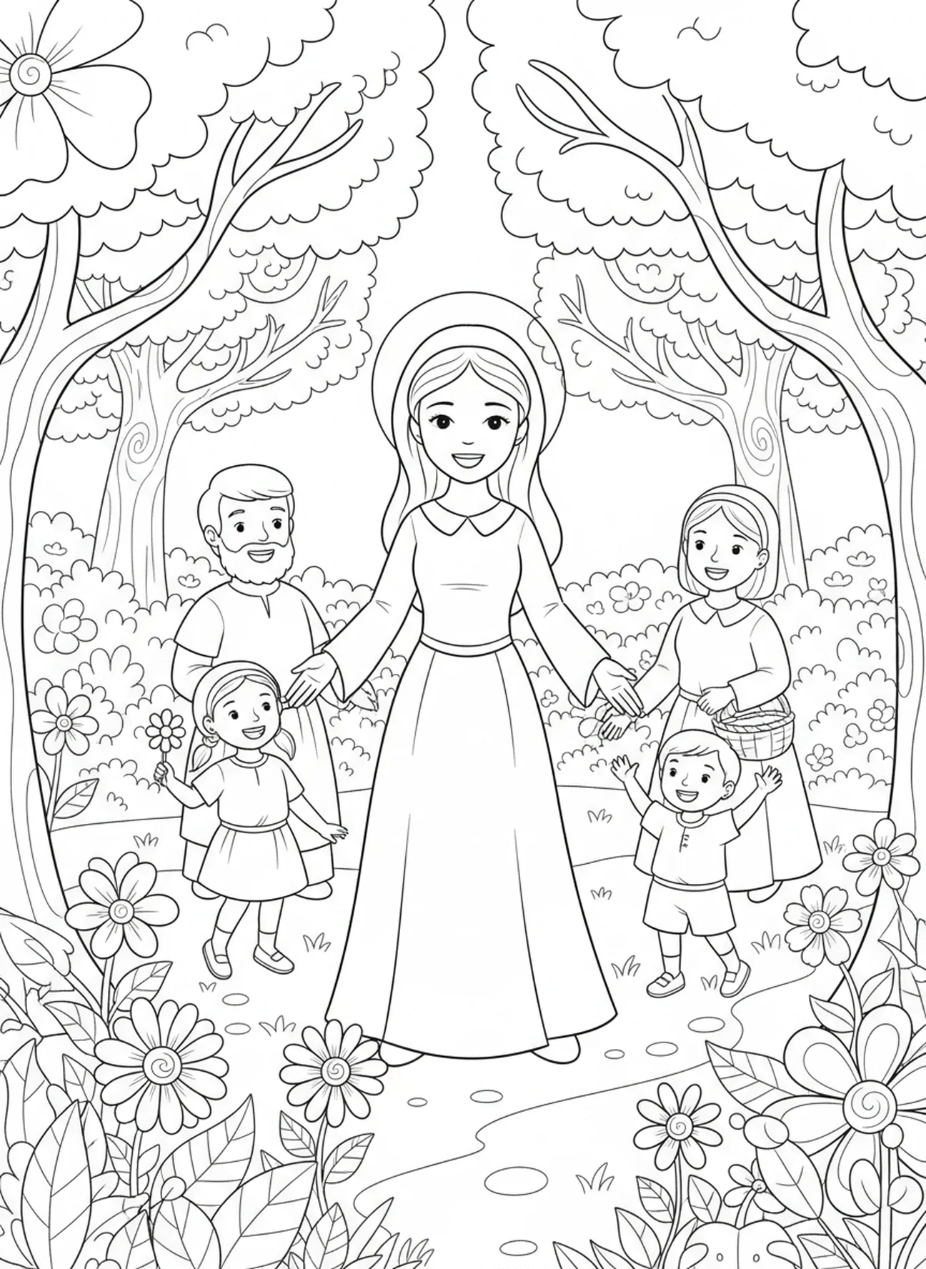 Sainte Dymphne avec des villageois, page à colorier Sainte Dymphne pour enfants de 5 à 10 ans