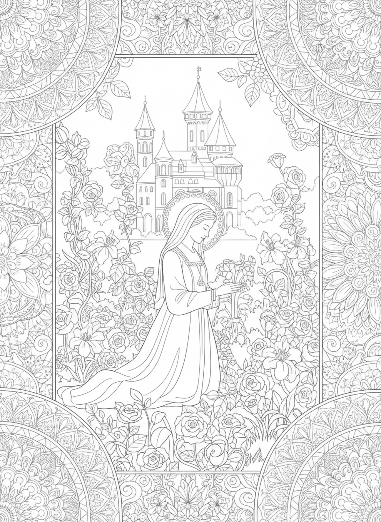 Santa Isabel en un jardín del castillo, página para colorear de Santa Isabel de Hungría estilo journaling bíblico para adultos