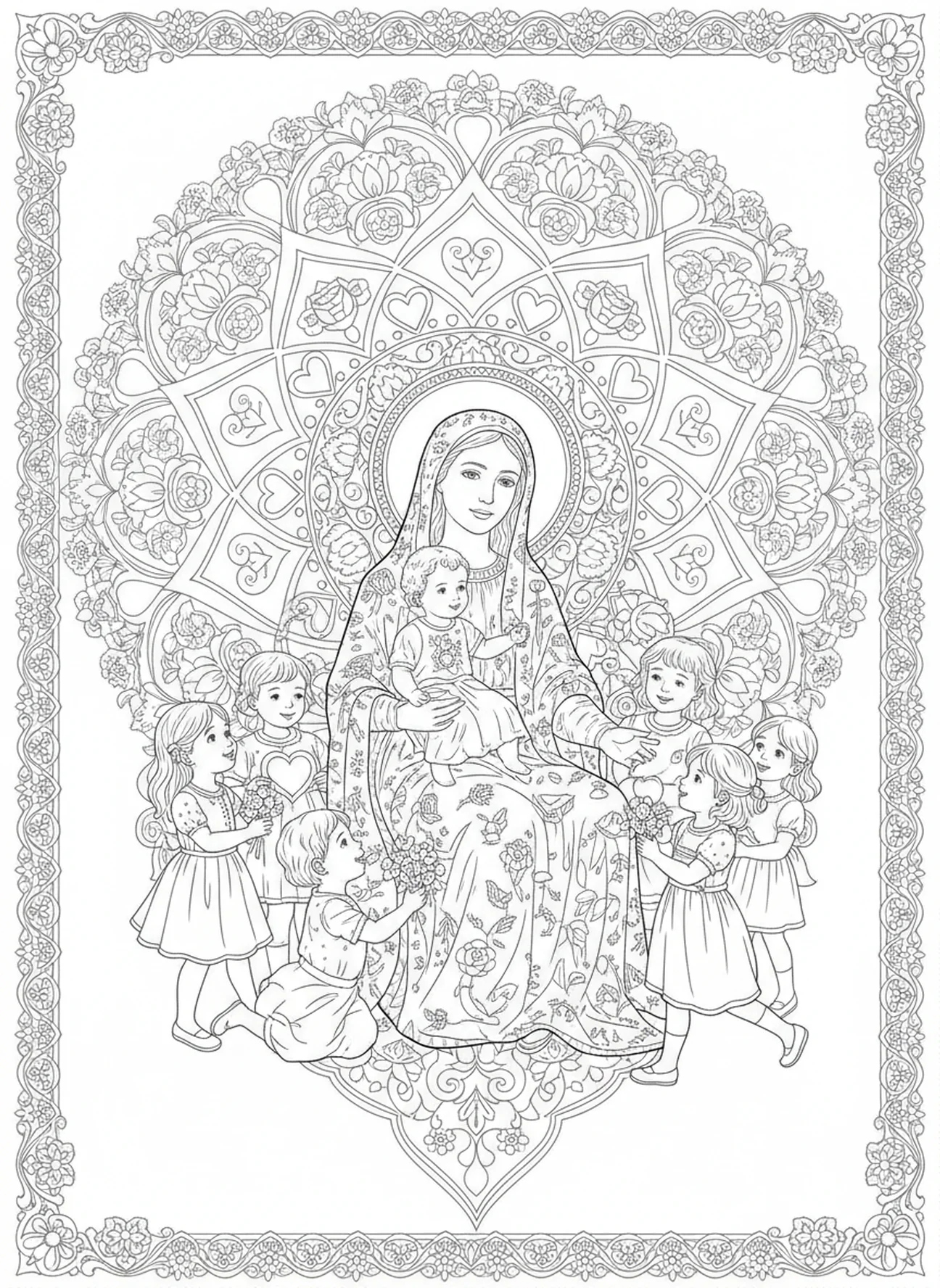 Santa Isabel compartiendo amor con niños, página para colorear de Santa Isabel de Hungría en estilo de journaling bíblico para adultos