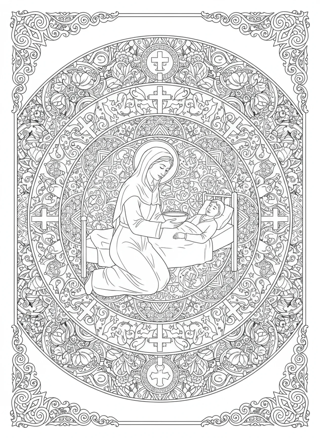 Santa Isabel atendiendo a los enfermos, página para colorear de Santa Isabel de Hungría en estilo de journaling bíblico para adultos