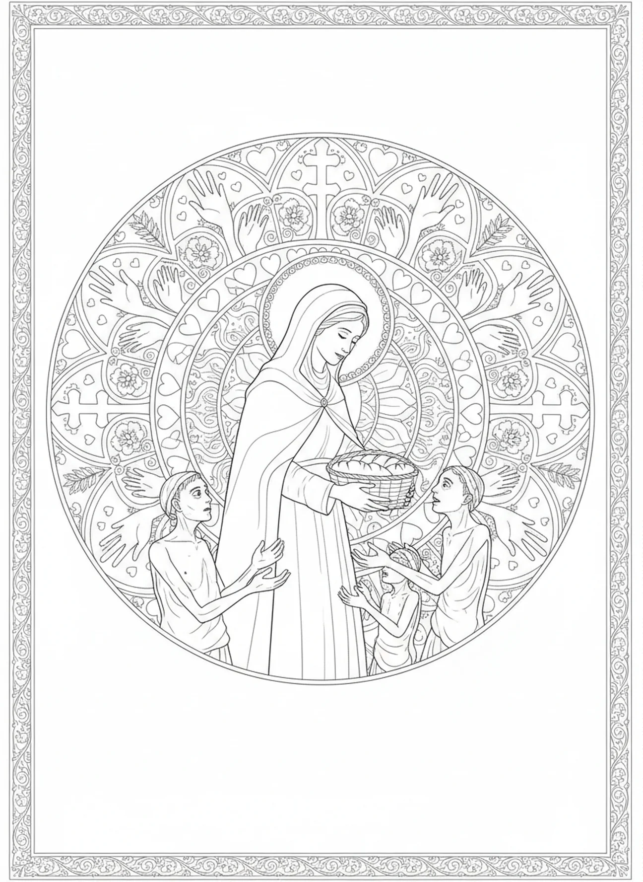 Santa Isabel ofreciendo pan, página para colorear de Santa Isabel de Hungría estilo para adultos en el diario bíblico