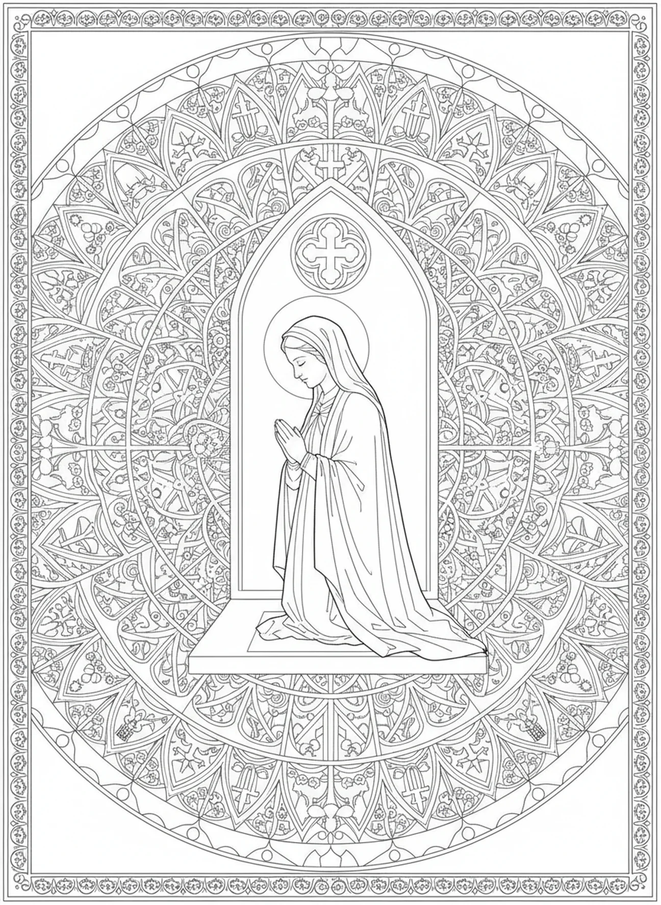 Santa Isabel orando en la capilla, página para colorear de Santa Isabel de Hungría estilo journaling bíblico para adultos