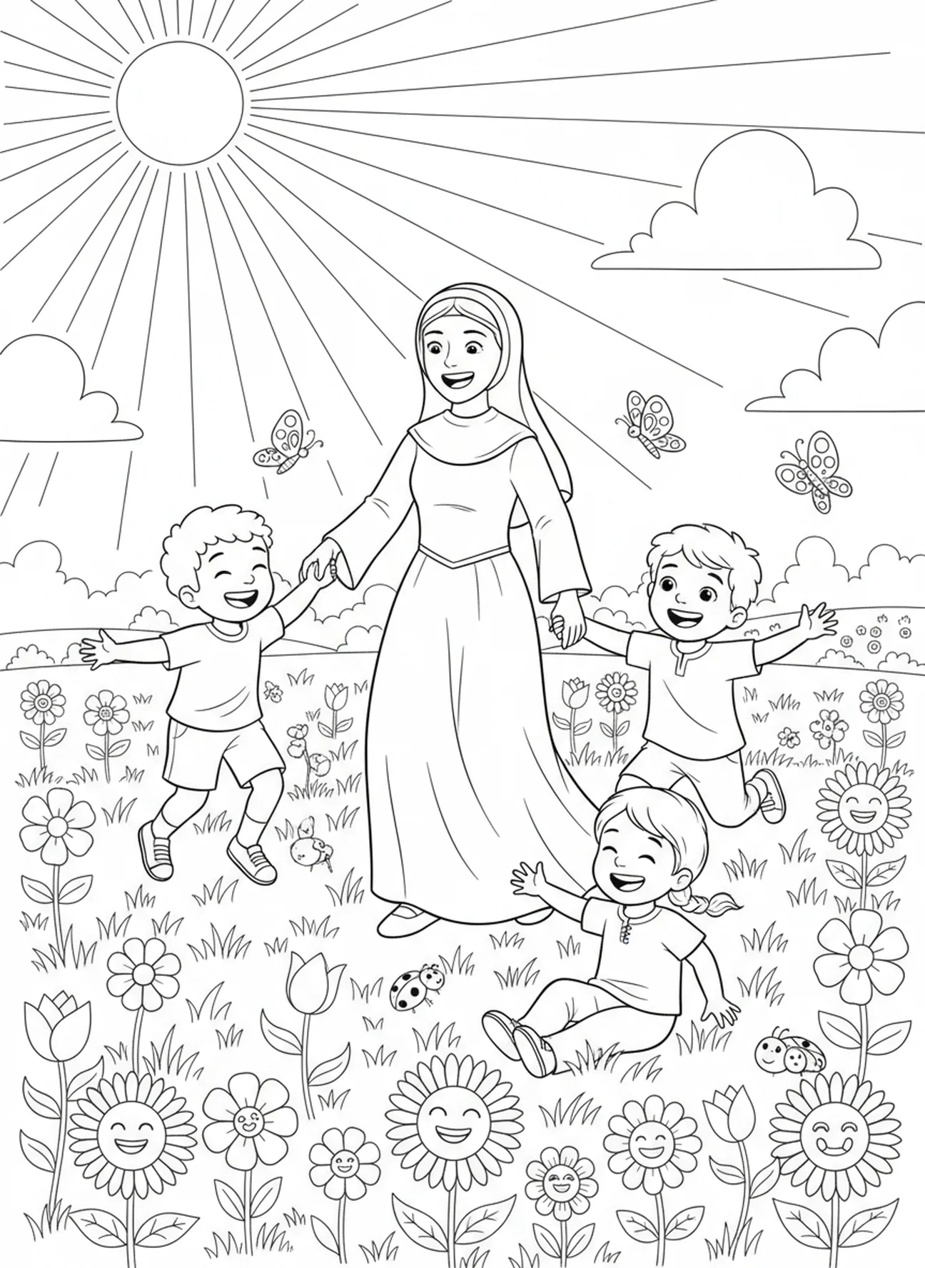 Hl. Elisabeth spielt mit Kindern, Ausmalbild Hl. Elisabeth von Ungarn für Kinder im Alter von 5-10 Jahren
