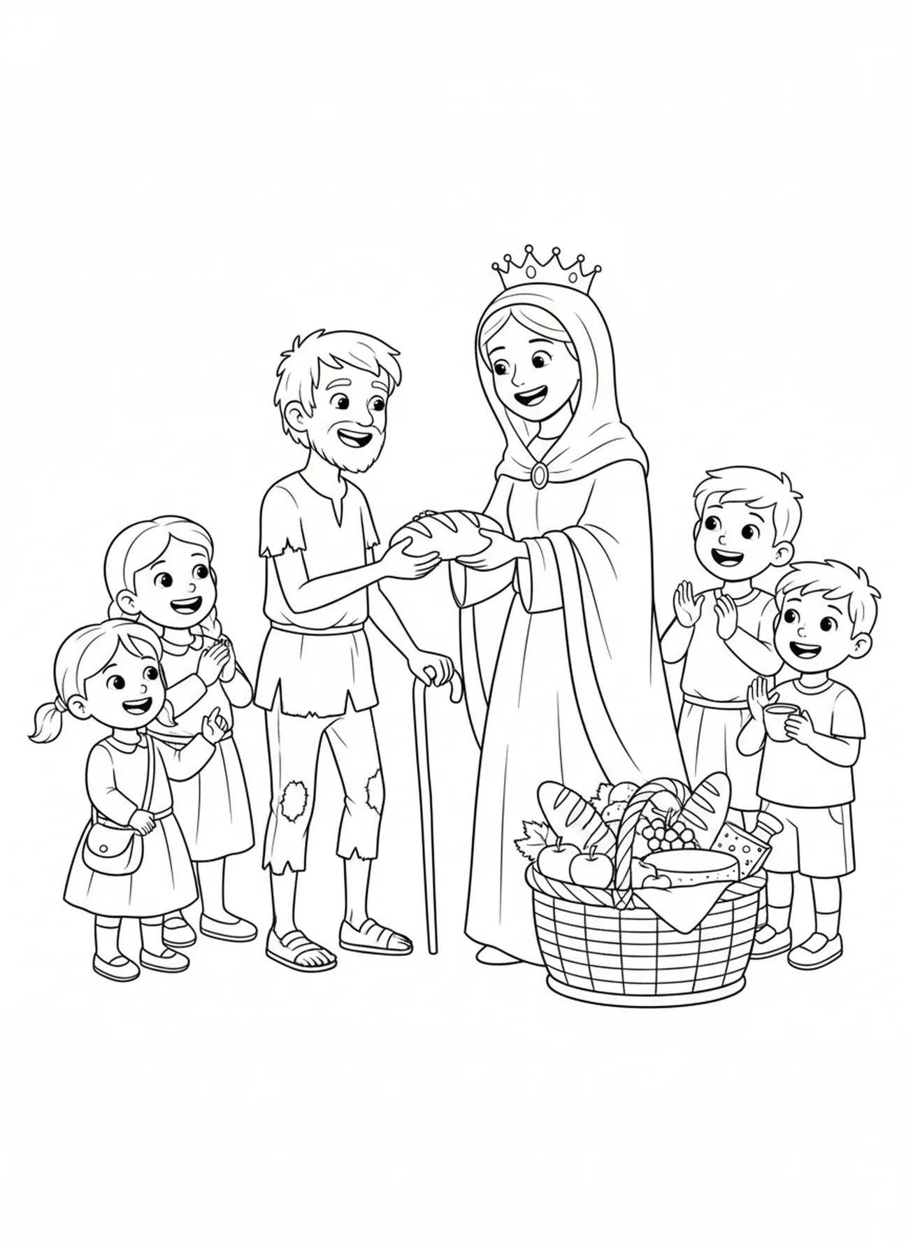 Die heilige Elisabeth teilt Brot, Ausmalbild von St. Elisabeth von Ungarn für Kinder im Alter von 5-10 Jahren