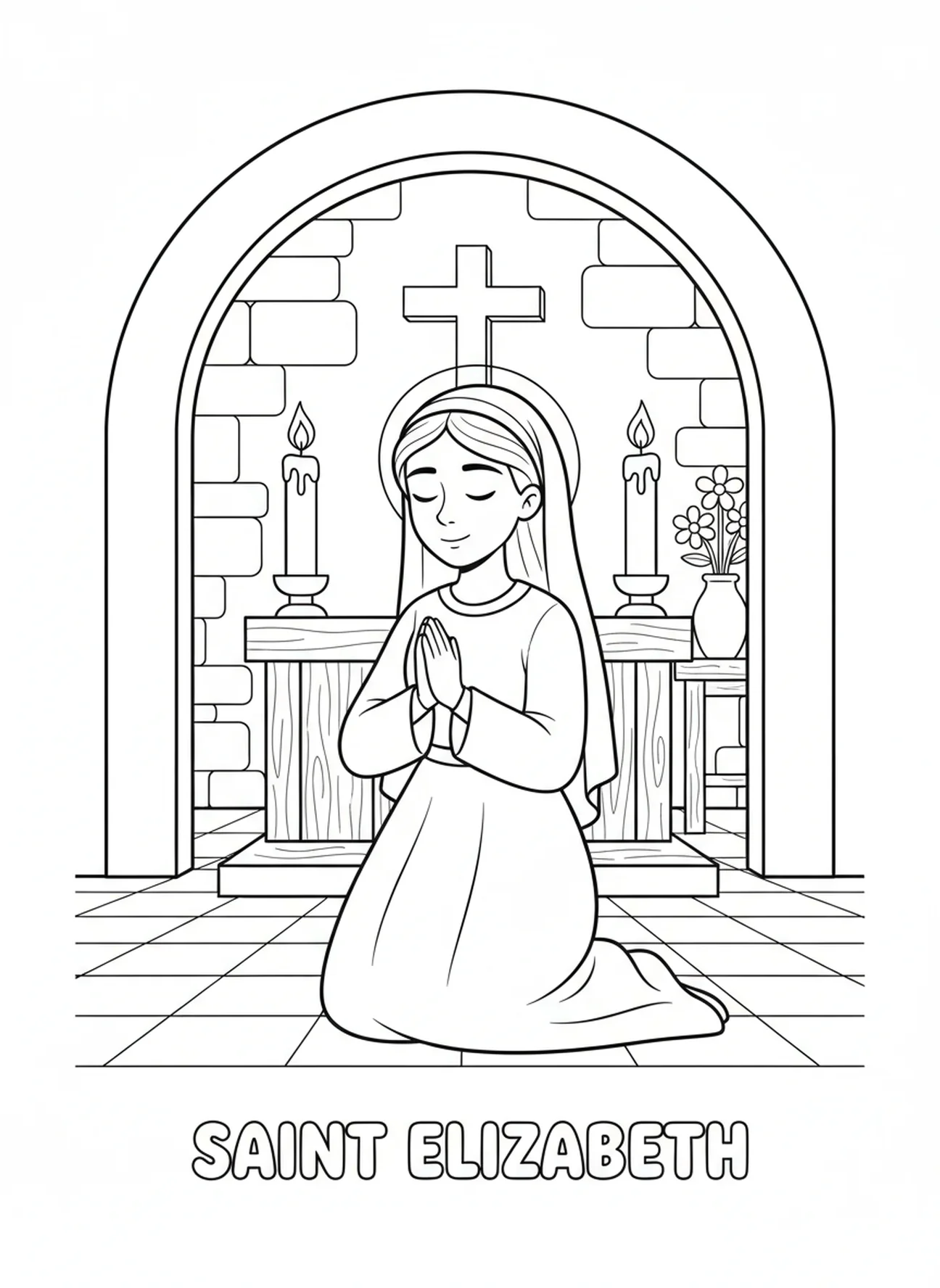 Die heilige Elisabeth betet in der Kapelle, Ausmalbild von St. Elisabeth Ungarn für Kinder im Alter von 5-10 Jahren