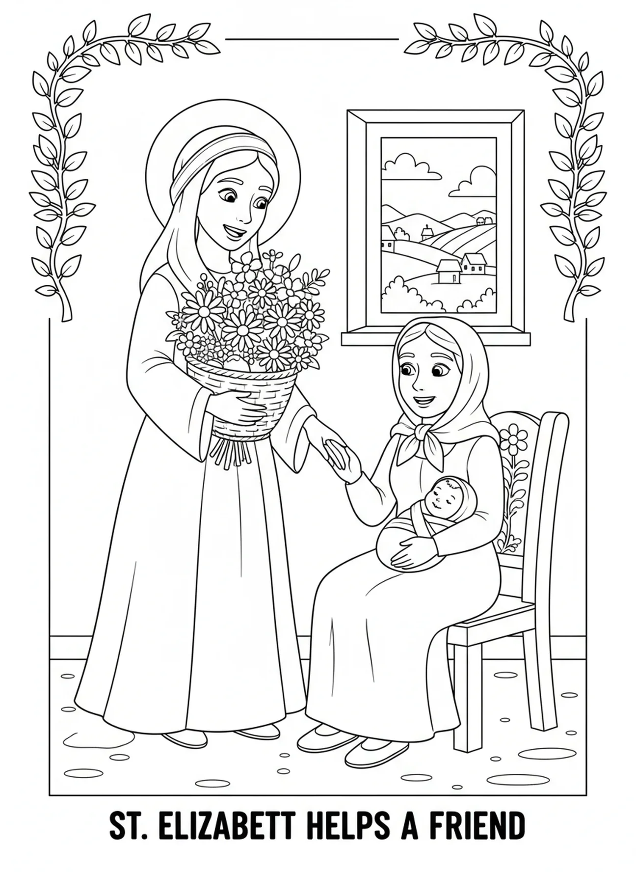 St. Elisabeth besucht eine Witwe, Ausmalbild von St. Elisabeth Ungarn für Kinder im Alter von 5-10 Jahren