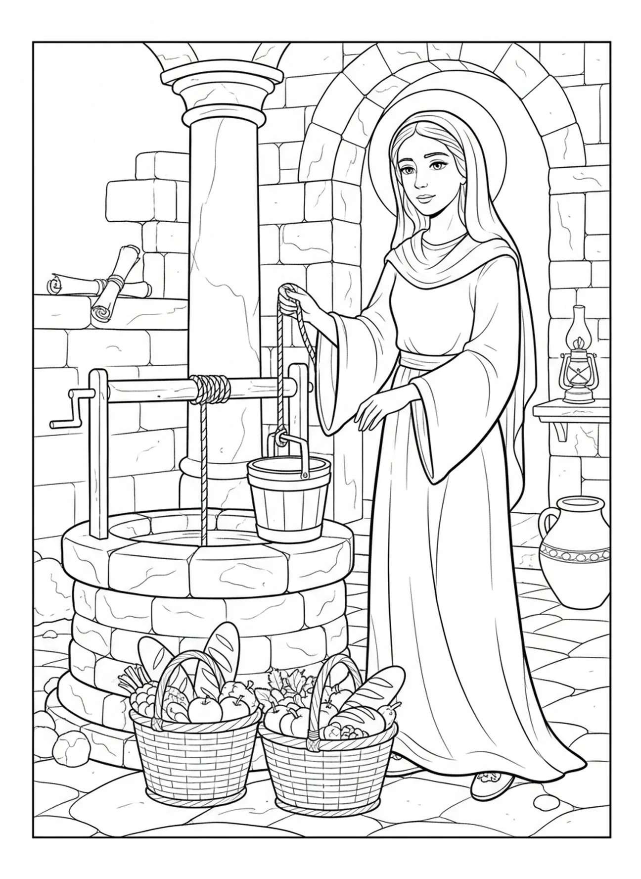 Die heilige Elisabeth schöpft Wasser aus einem Brunnen, Malvorlage für die heilige Elisabeth Ungarn für die Sonntagsschule für Kinder im Alter von 5-12 Jahren