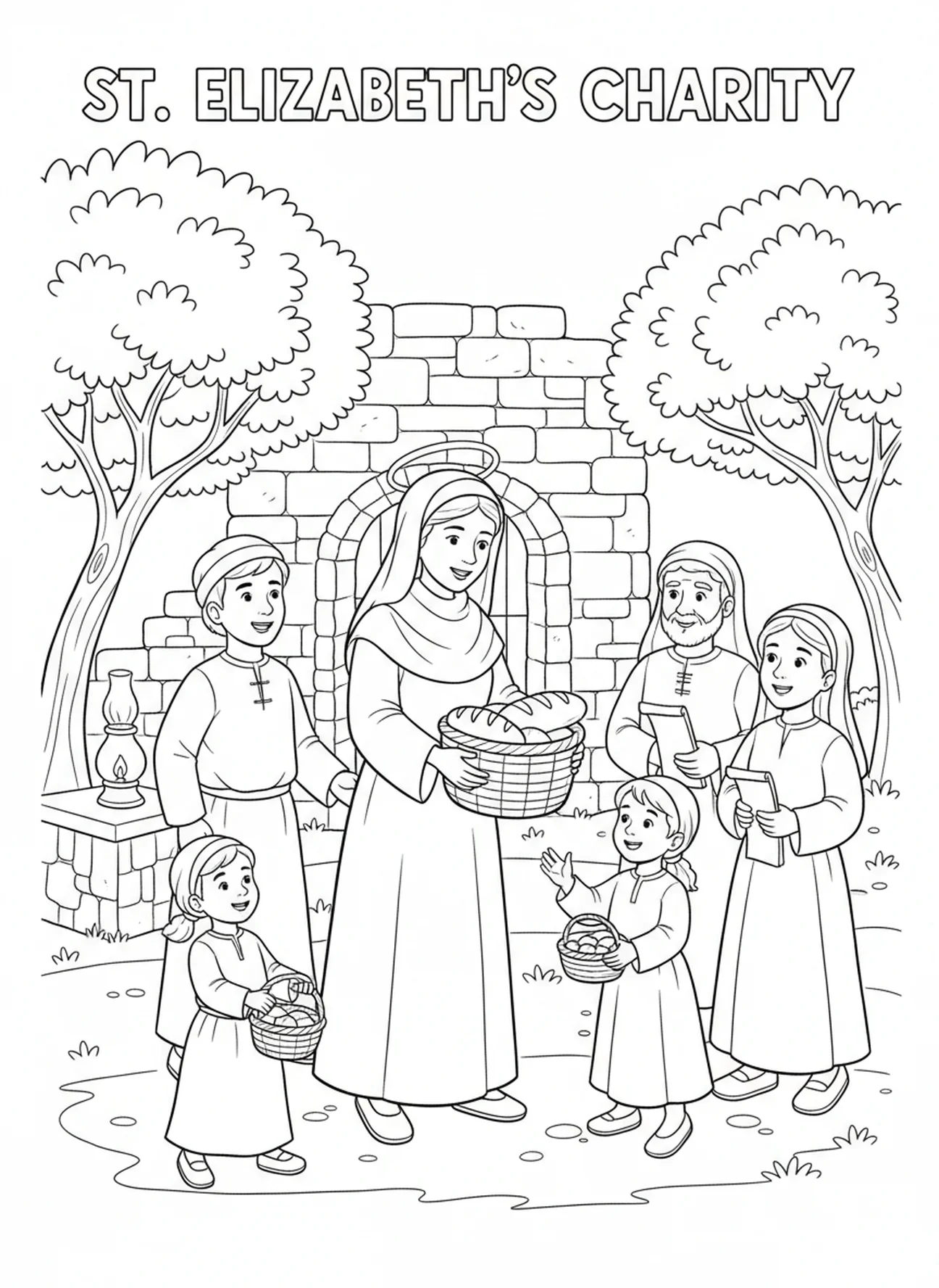 Die Heilige Elisabeth verteilt Essen, Ausmalbild von der Heiligen Elisabeth für die Sonntagsschule für Kinder im Alter von 5-12 Jahren