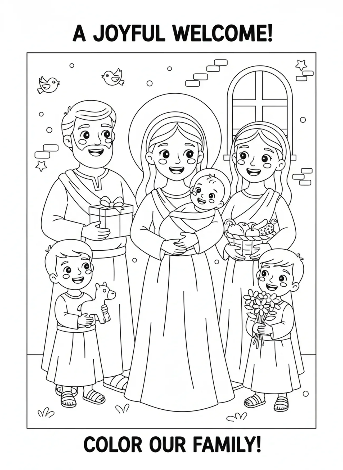 St. Elisabeth hält das Baby Johannes, Ausmalbild von St. Elisabeth für Kinder im Alter von 5-10 Jahren.
