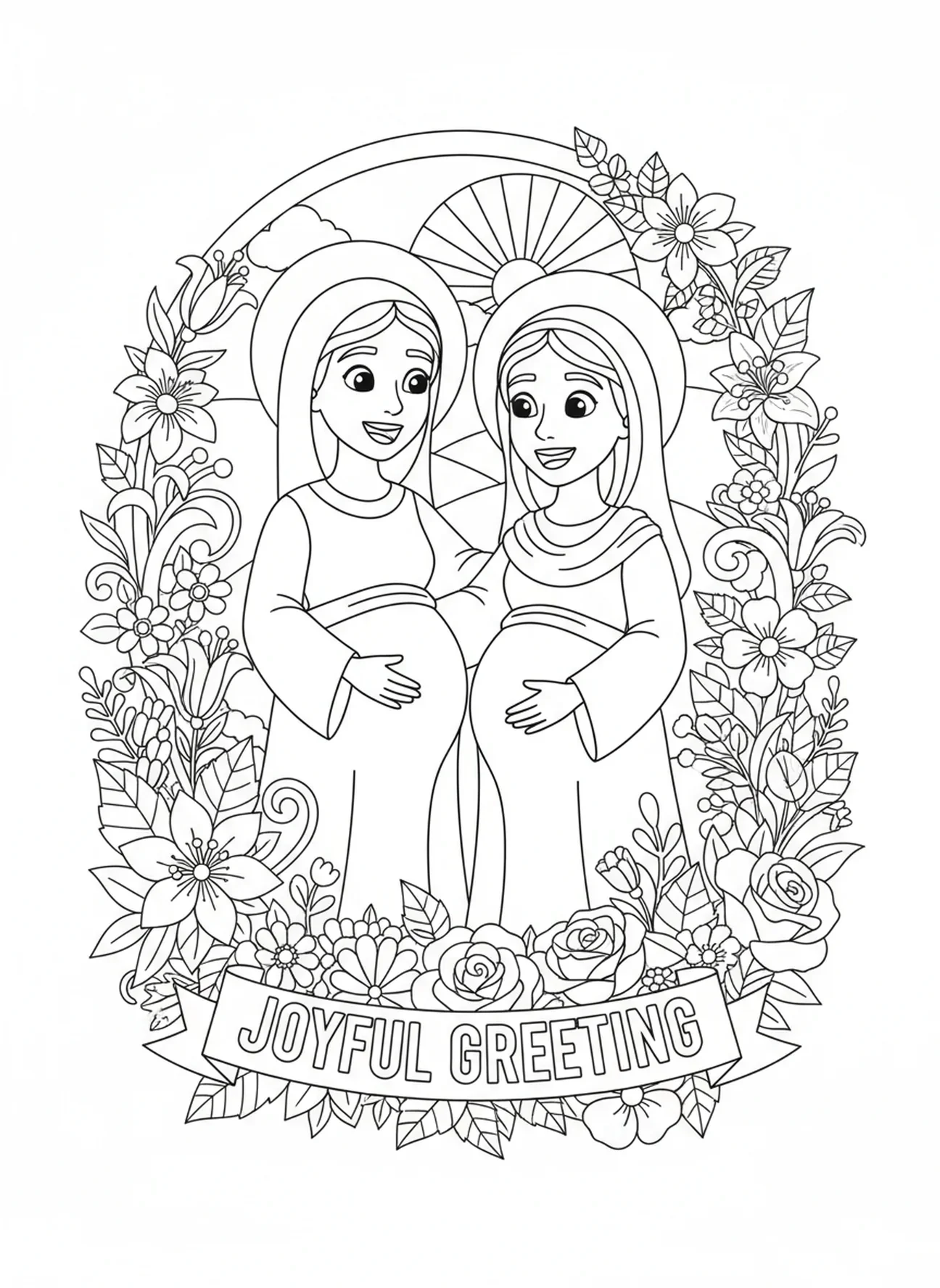 Die Heilige Elisabeth begrüßt Maria, Ausmalbild für Kinder im Alter von 5-10 Jahren.