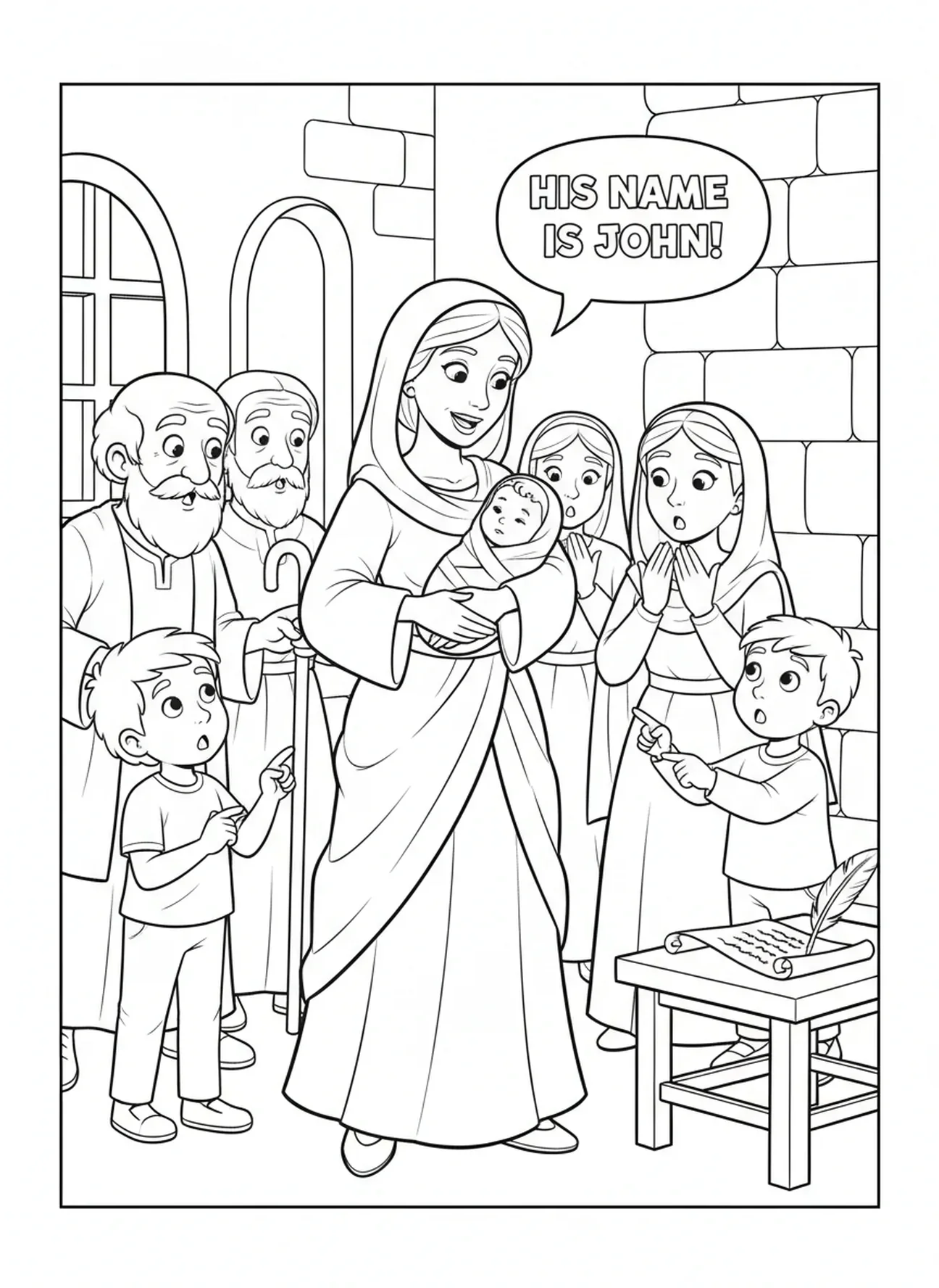 St. Elisabeth benennt das Baby Johannes, Ausmalbild für Kinder im Alter von 5-10 Jahren.