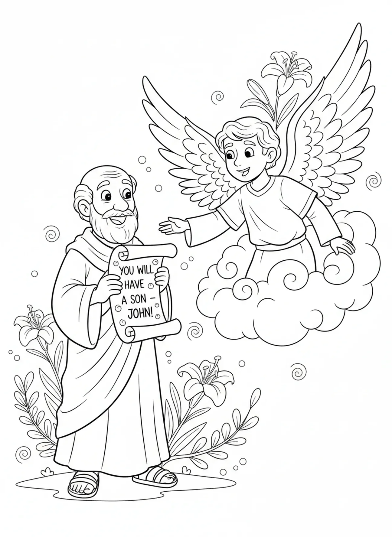 Zacharias überrascht vom Engel Gabriel, Ausmalbild für Kinder im Alter von 5-10 Jahren.