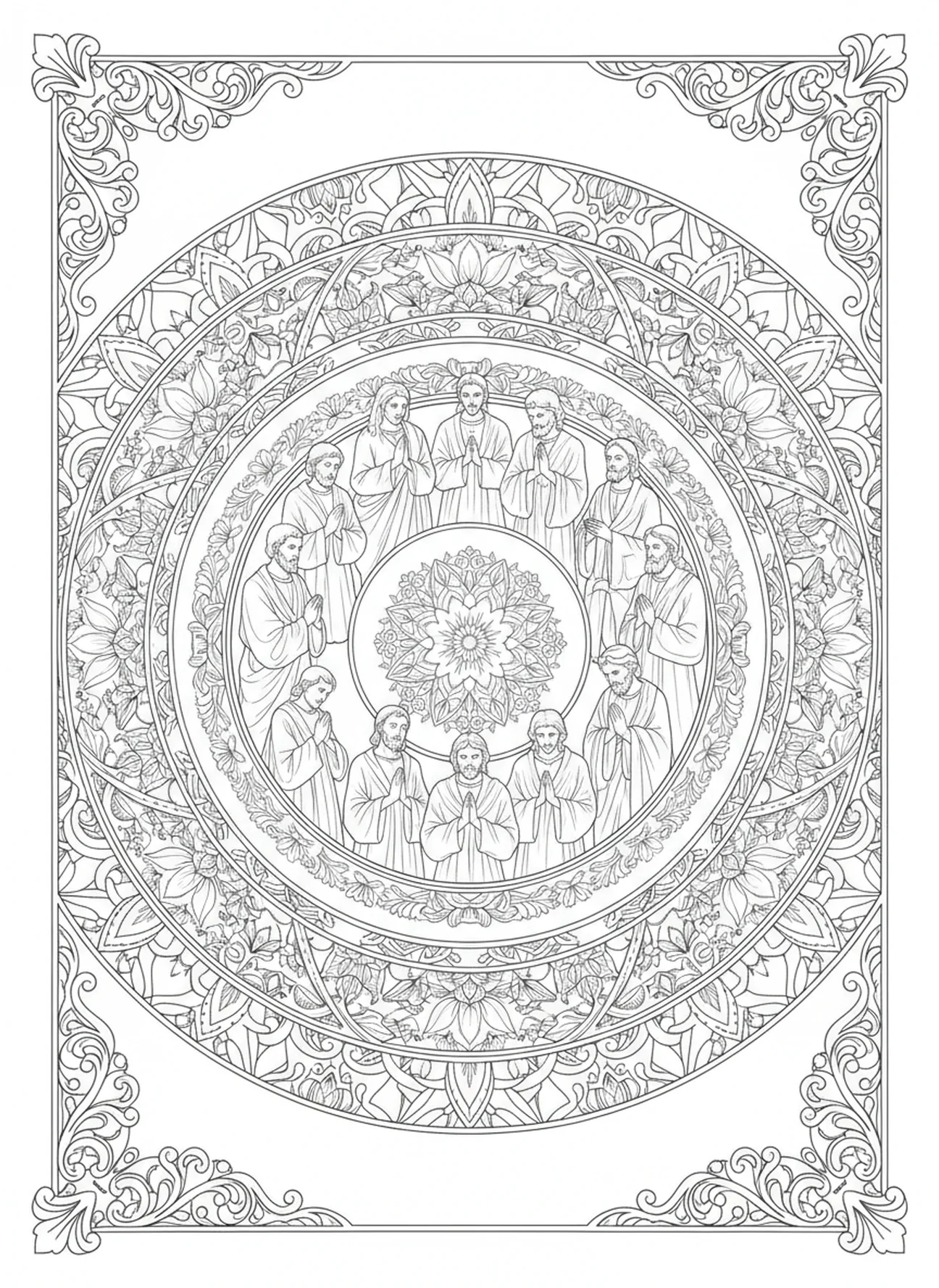 Apóstoles en círculo de oración, página para colorear de San Faustino de la Divina Misericordia estilo journaling bíblico para adultos