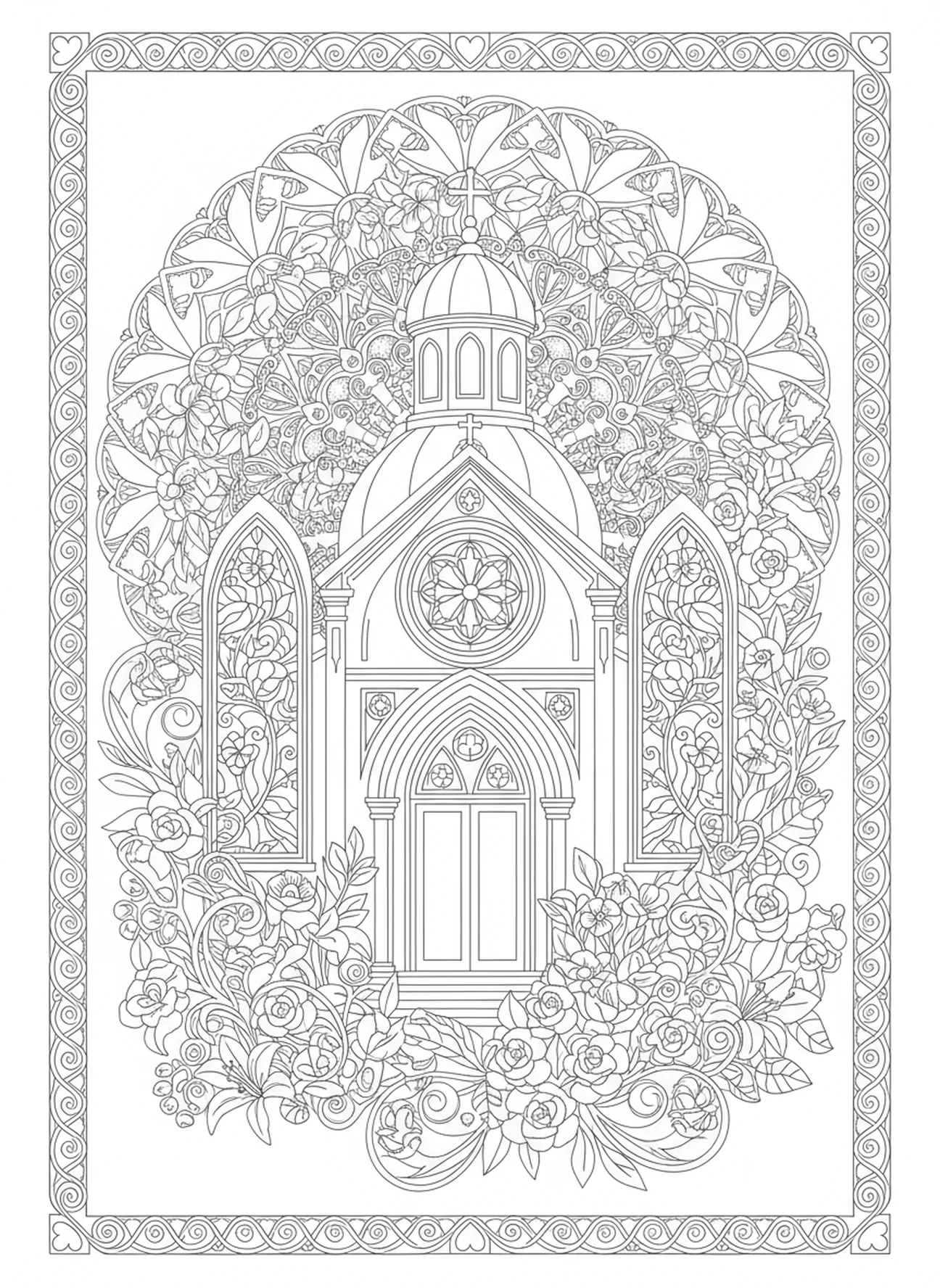 Diseño de la capilla de la Divina Misericordia, página para colorear de Santa Faustina en estilo de journaling bíblico para adultos
