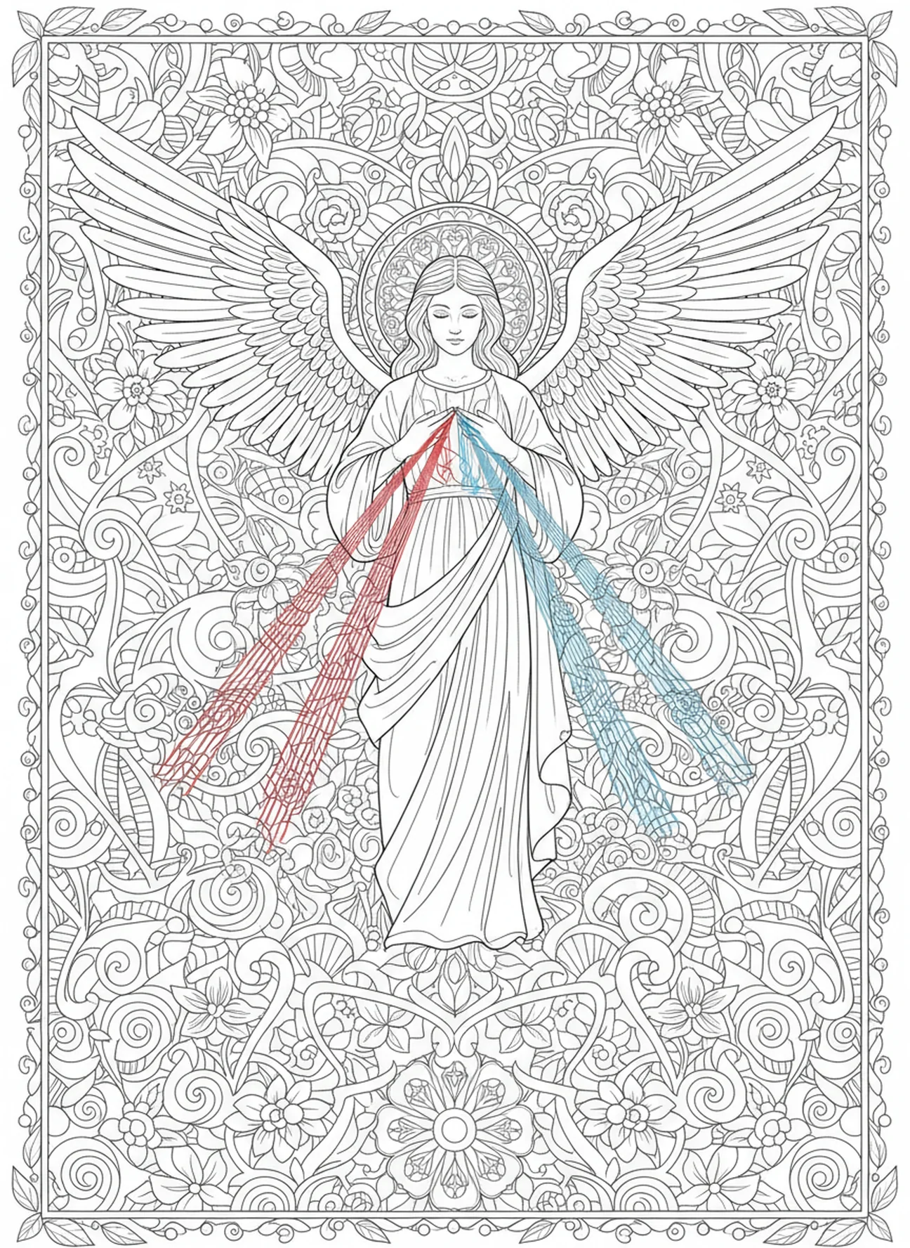 Ángel que representa la Divina Misericordia, página para colorear de Santa Faustina en estilo de journaling bíblico para adultos