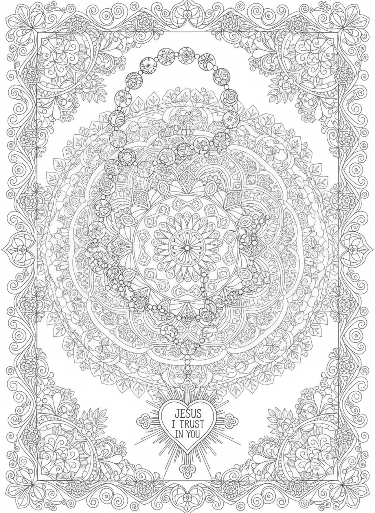 Diseño del rosario de la Divina Misericordia, página para colorear de Santa Faustina en estilo de journaling bíblico para adultos