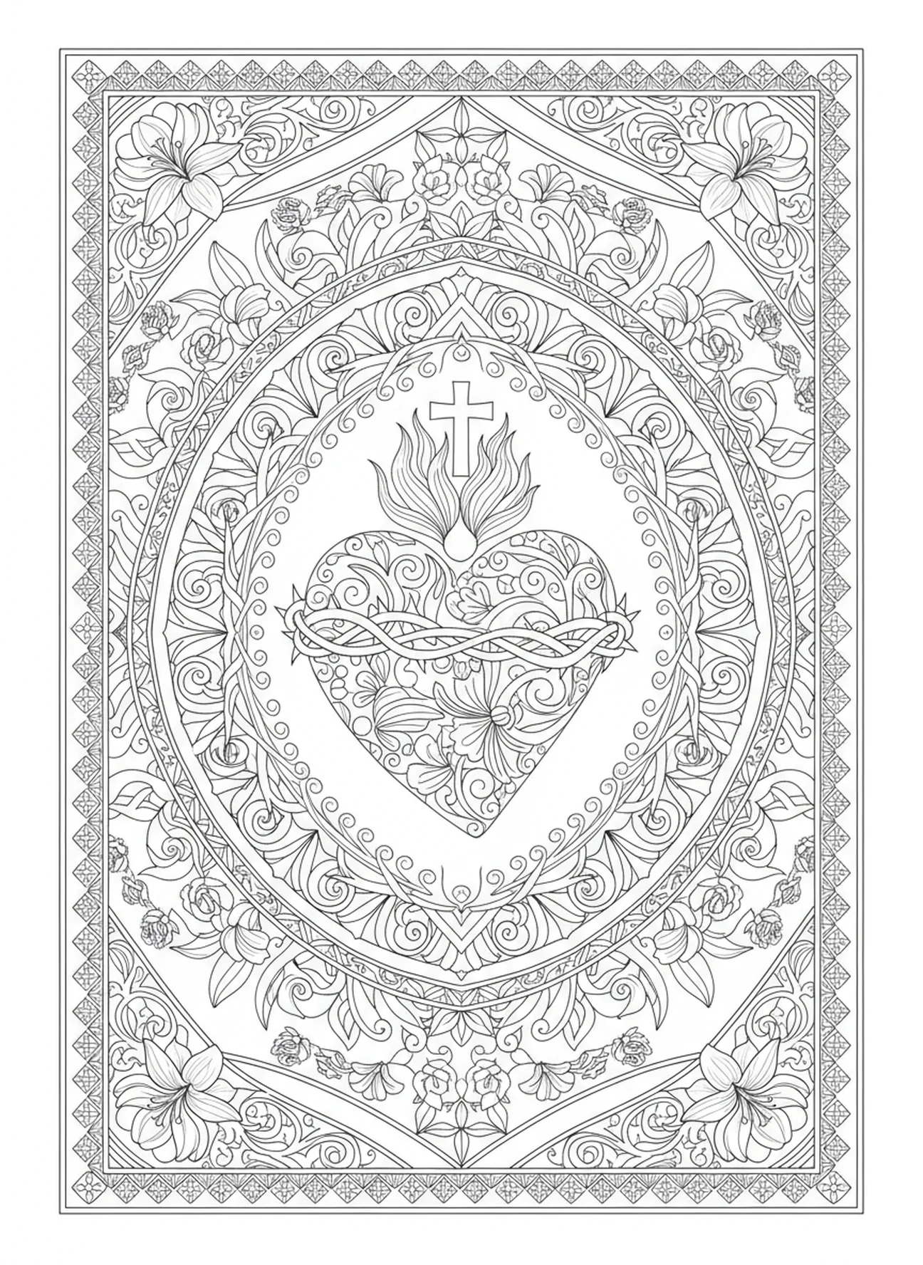 Sagrado Corazón de Jesús rodeado de patrones, página para colorear de Santa Faustina y la Divina Misericordia estilo journaling bíblico para adultos