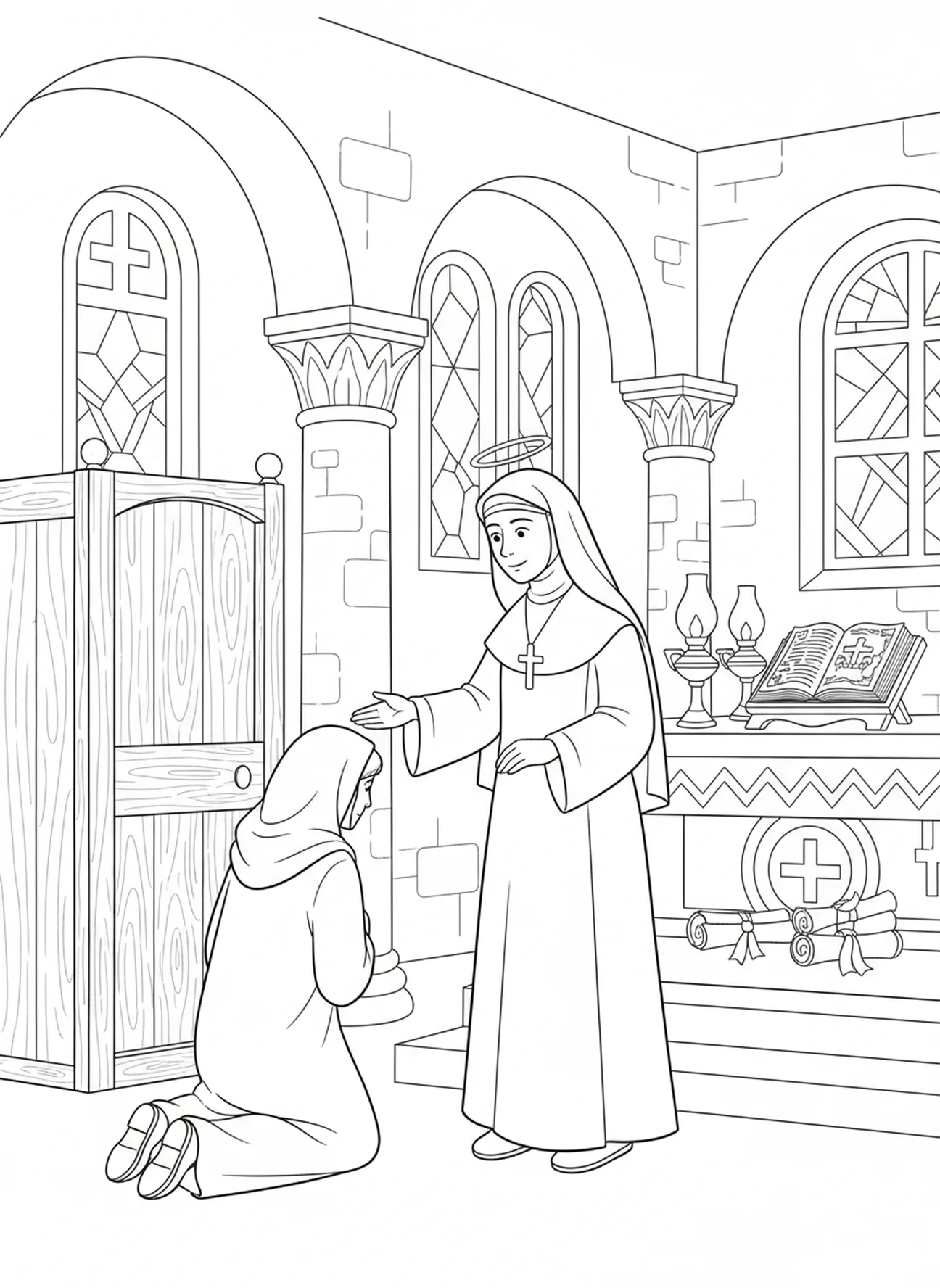 Die Heilige Faustina führt eine Bußfertige Person, Ausmalbild der Heiligen Faustina zur göttlichen Barmherzigkeit für Sonntagsschulkinder im Alter von 5-12 Jahren.