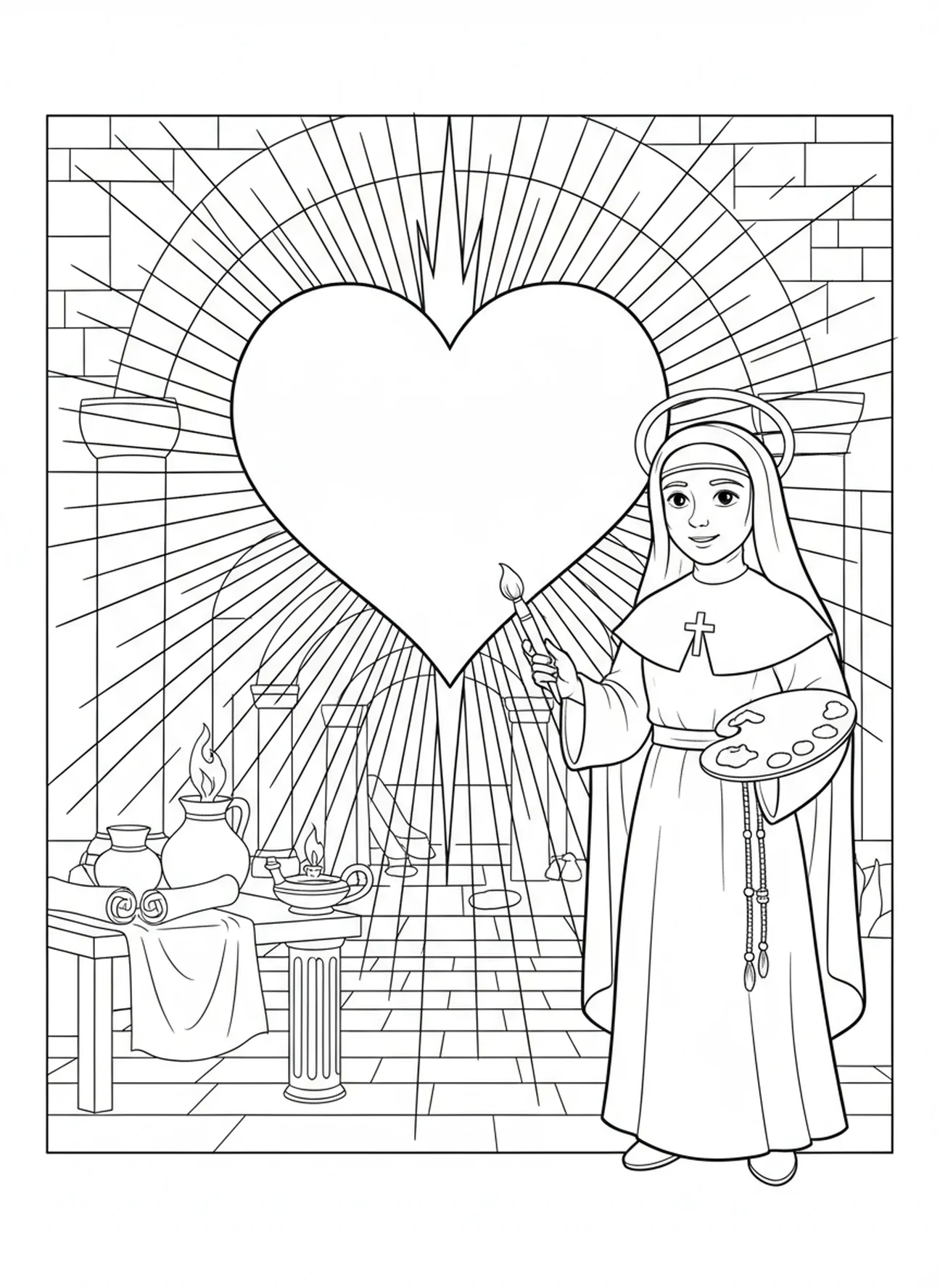 Herzsymbol, das Licht ausstrahlt, Ausmalbild von St. Faustina zur göttlichen Barmherzigkeit für Kinder in der Sonntagsschule im Alter von 5-12 Jahren.