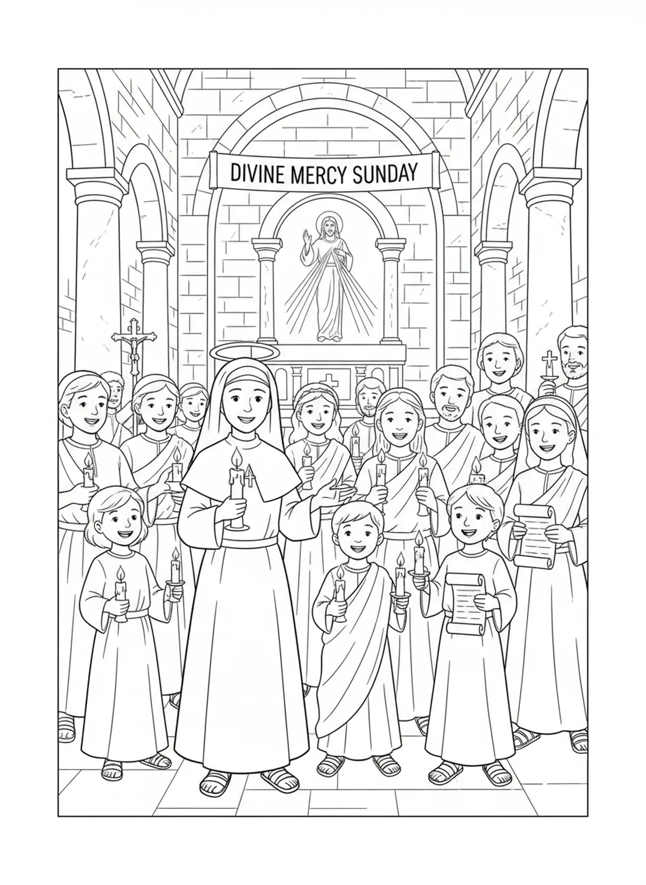 Feier am Sonntag der göttlichen Barmherzigkeit, Ausmalbild von St. Faustina für Kinder in der Sonntagsschule im Alter von 5-12 Jahren.