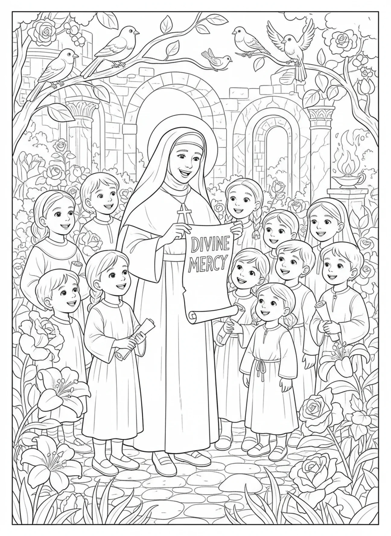 Hl. Faustina teilt Botschaften der göttlichen Barmherzigkeit, Ausmalbild der Hl. Faustina zur göttlichen Barmherzigkeit für Sonntagsschulkinder im Alter von 5-12 Jahren.