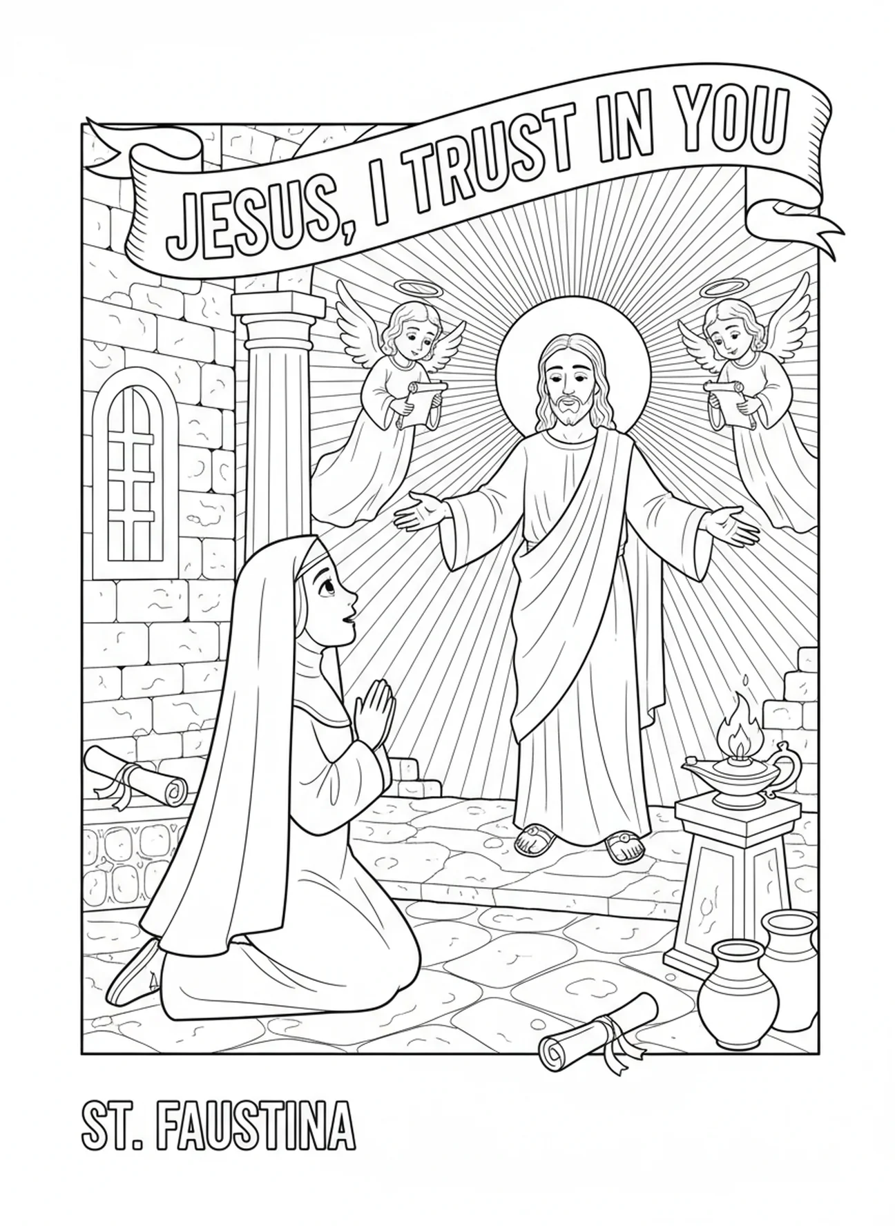 Vision von Jesus mit offenen Armen, Ausmalbild von St. Faustina zur göttlichen Barmherzigkeit für Sonntagsschulkinder im Alter von 5-12 Jahren.