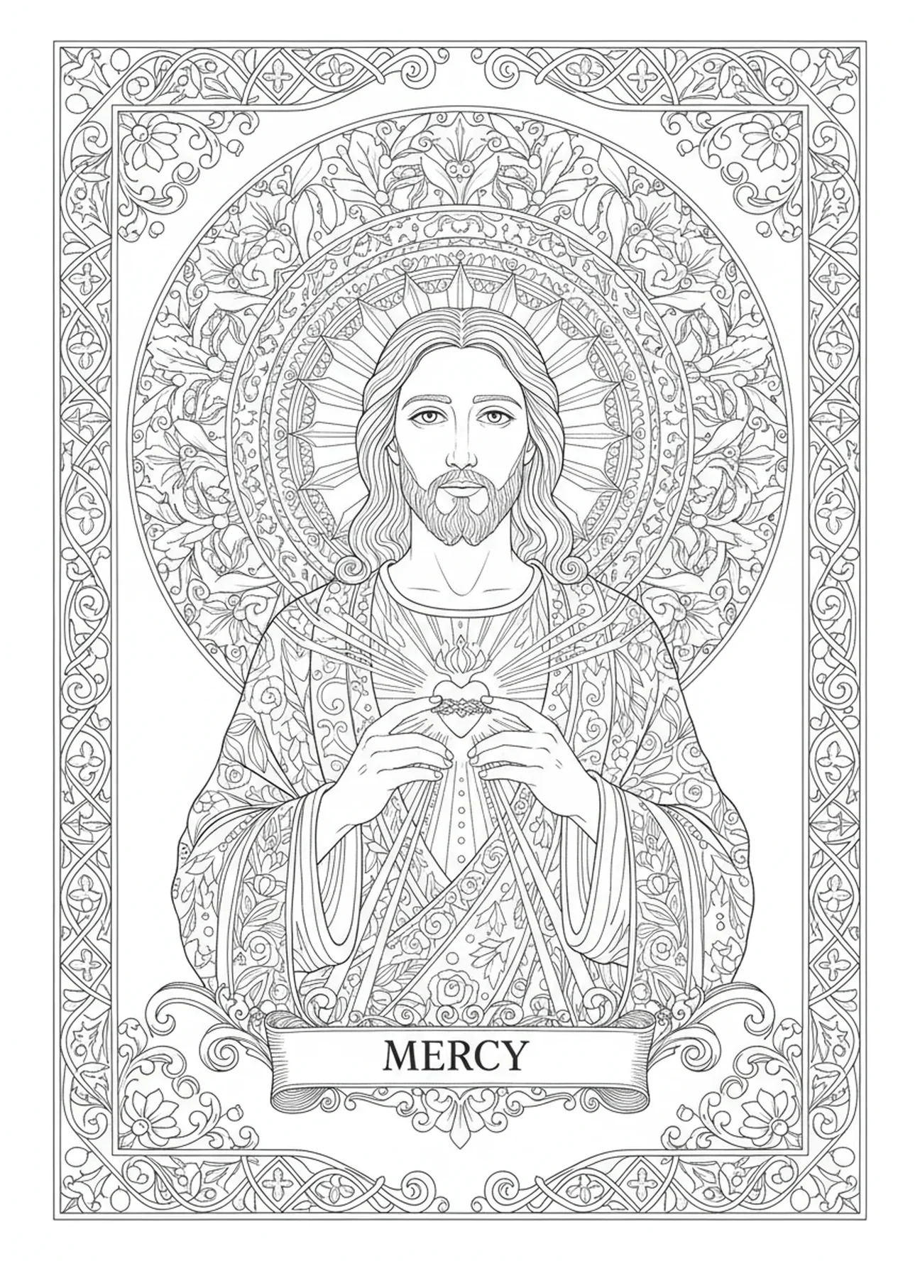 Jesus strahlt Barmherzigkeit aus, Ausmalbild von St. Faustina im Stil des Bibeljournaling für Erwachsene