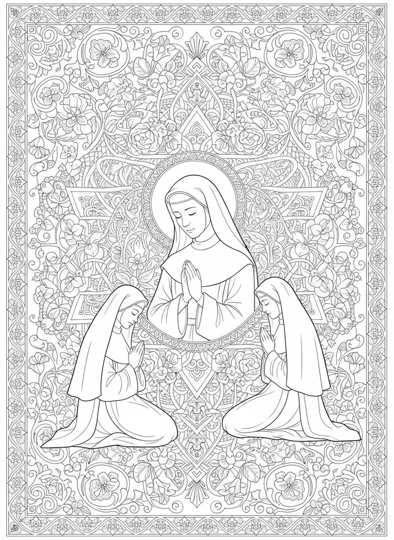 Hl. Faustina mit Schwestern, Ausmalbild Hl. Faustina für Erwachsene im Bibel-Journaling-Stil