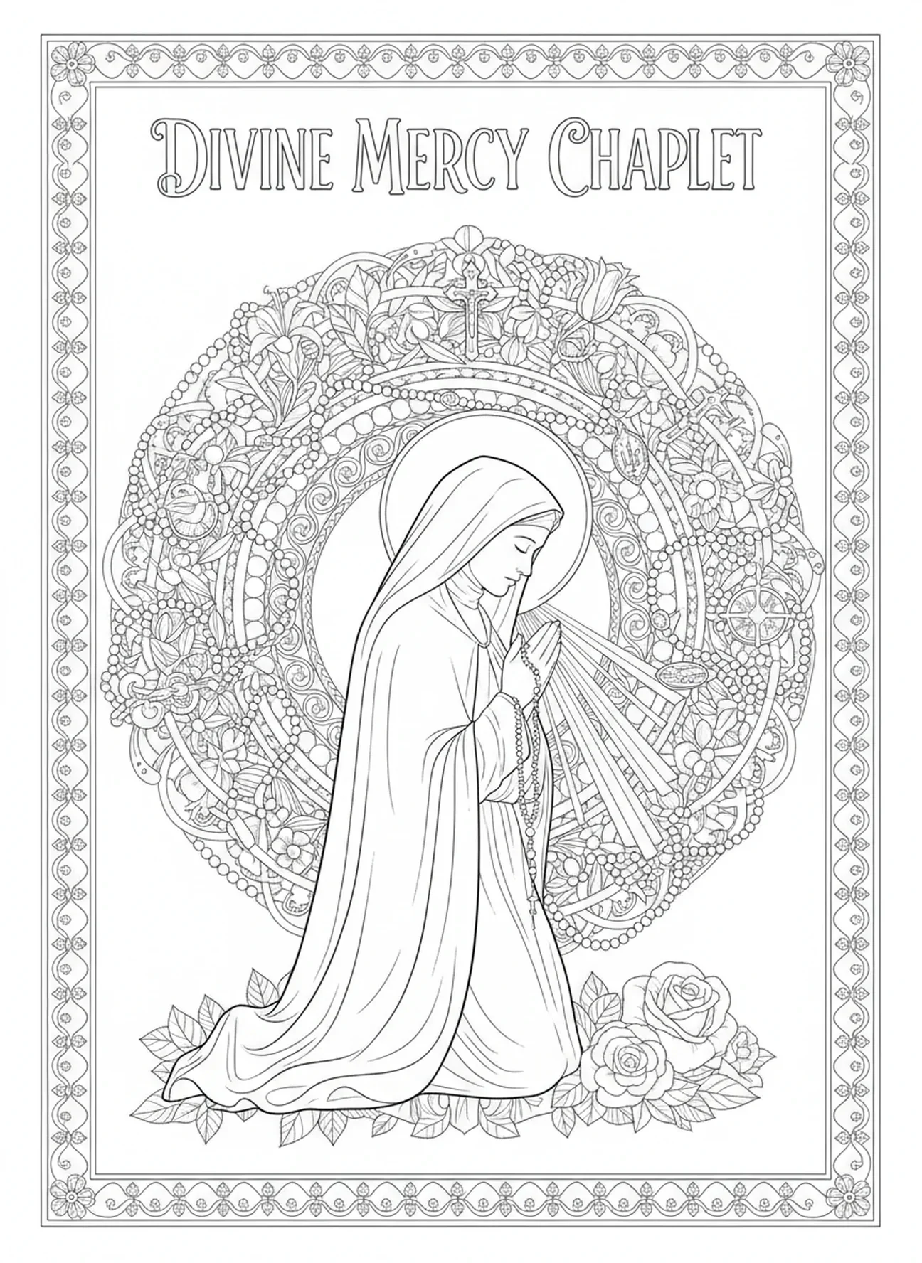 Die Heilige Faustina betet die Barmherzigkeitskrone, Ausmalbild für Erwachsene im Bibel-Journaling-Stil