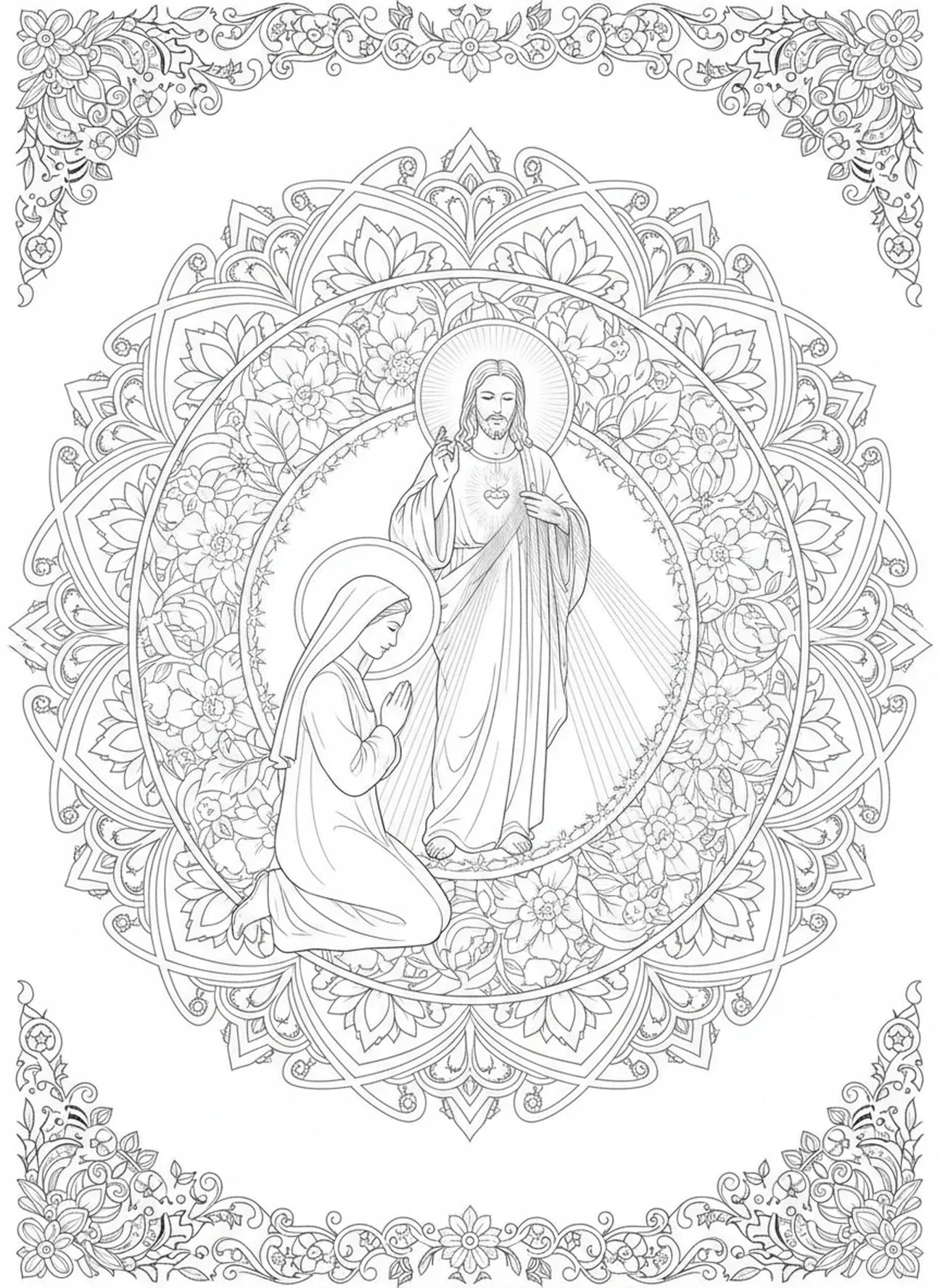 Die Vision von Jesus durch Sr. Faustina, Ausmalbild für Erwachsene im Bibel-Journaling-Stil