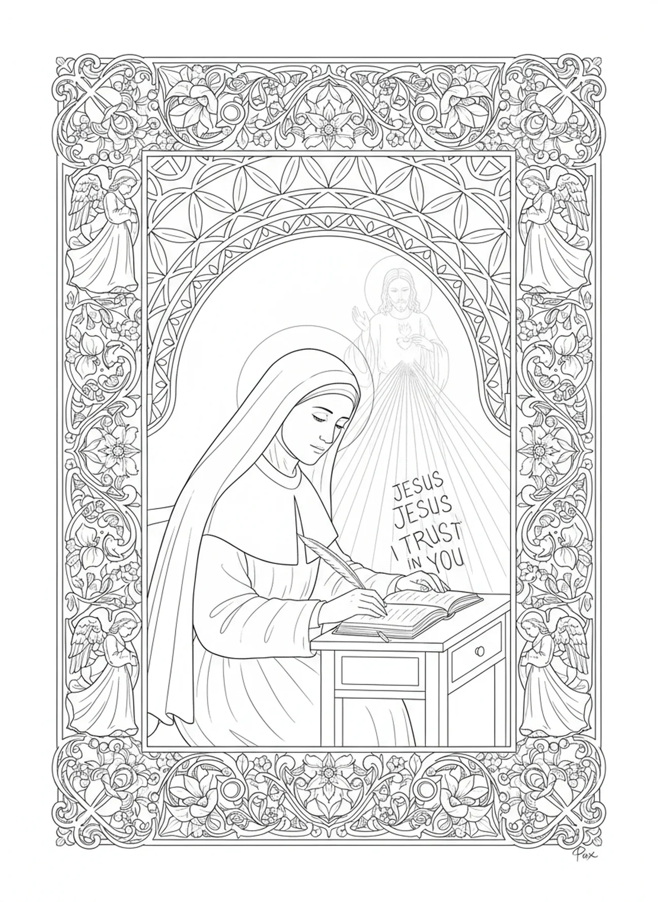 Hl. Faustina beim Schreiben, Ausmalbild Hl. Faustina für Erwachsene im Stil des Bibeljournals
