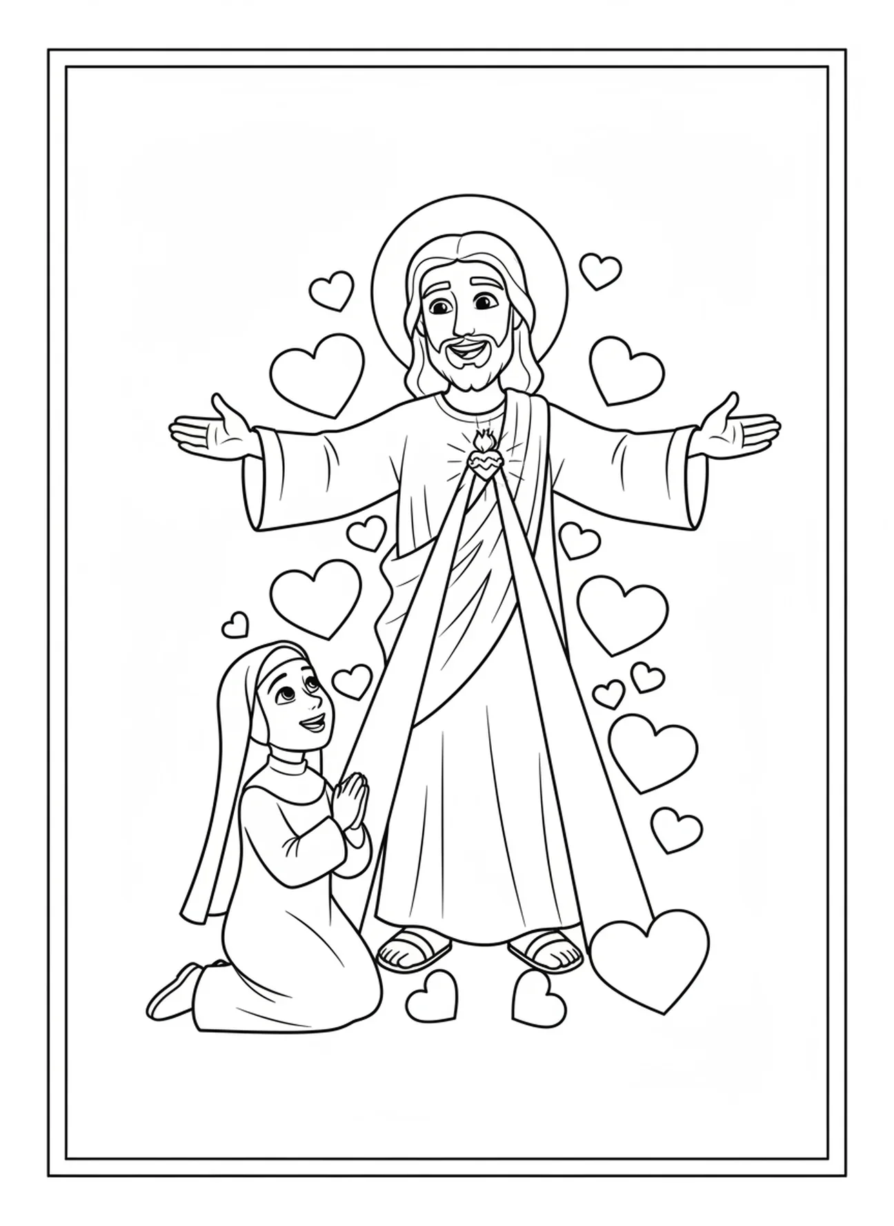 Grande image de Jésus les bras ouverts, page à colorier de Sainte Faustine pour les enfants de 5 à 10 ans