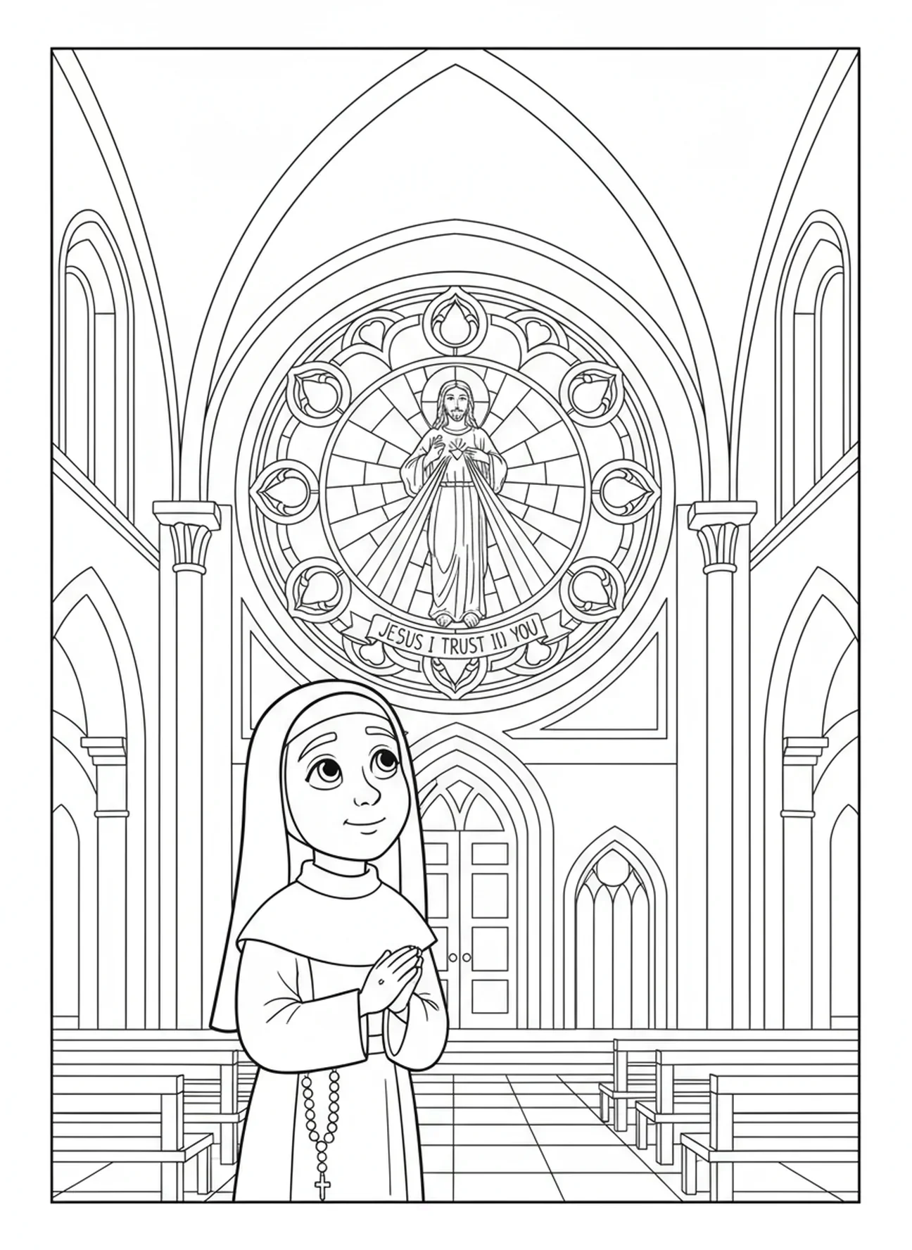 Sainte Faustine dans l'église admirant un vitrail, page à colorier Sainte Faustine pour enfants de 5 à 10 ans