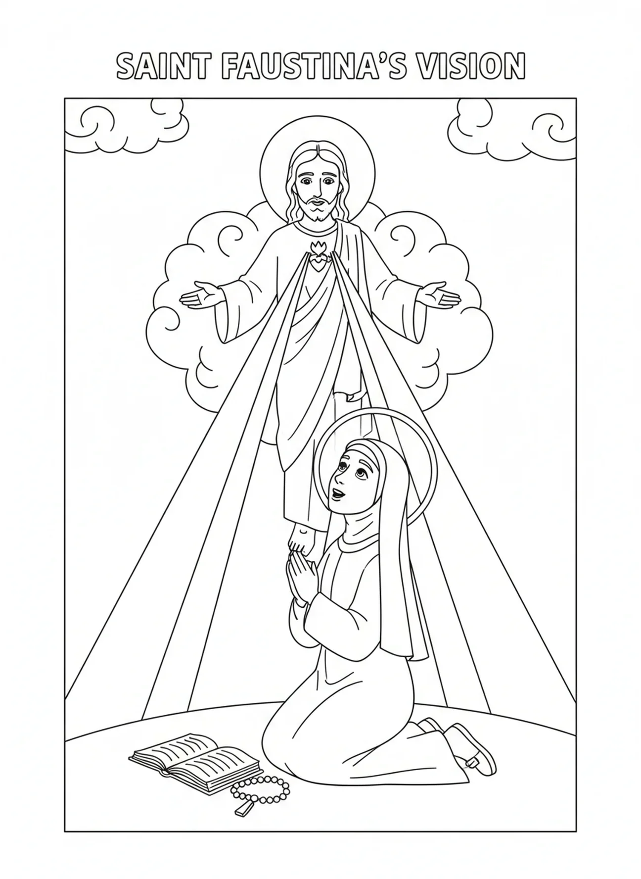 Sainte Faustine levant les yeux avec émerveillement, page à colorier Sainte Faustine pour les enfants de 5 à 10 ans