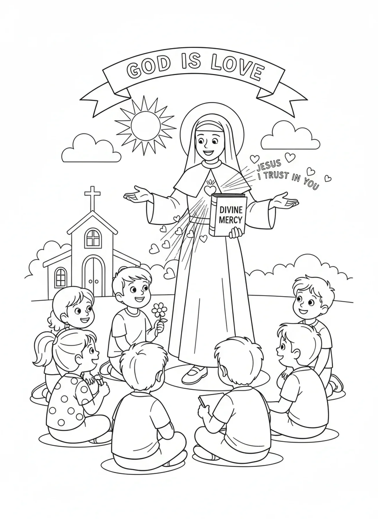 Sainte Faustine partageant le message avec des enfants, page à colorier Sainte Faustine pour les enfants de 5 à 10 ans